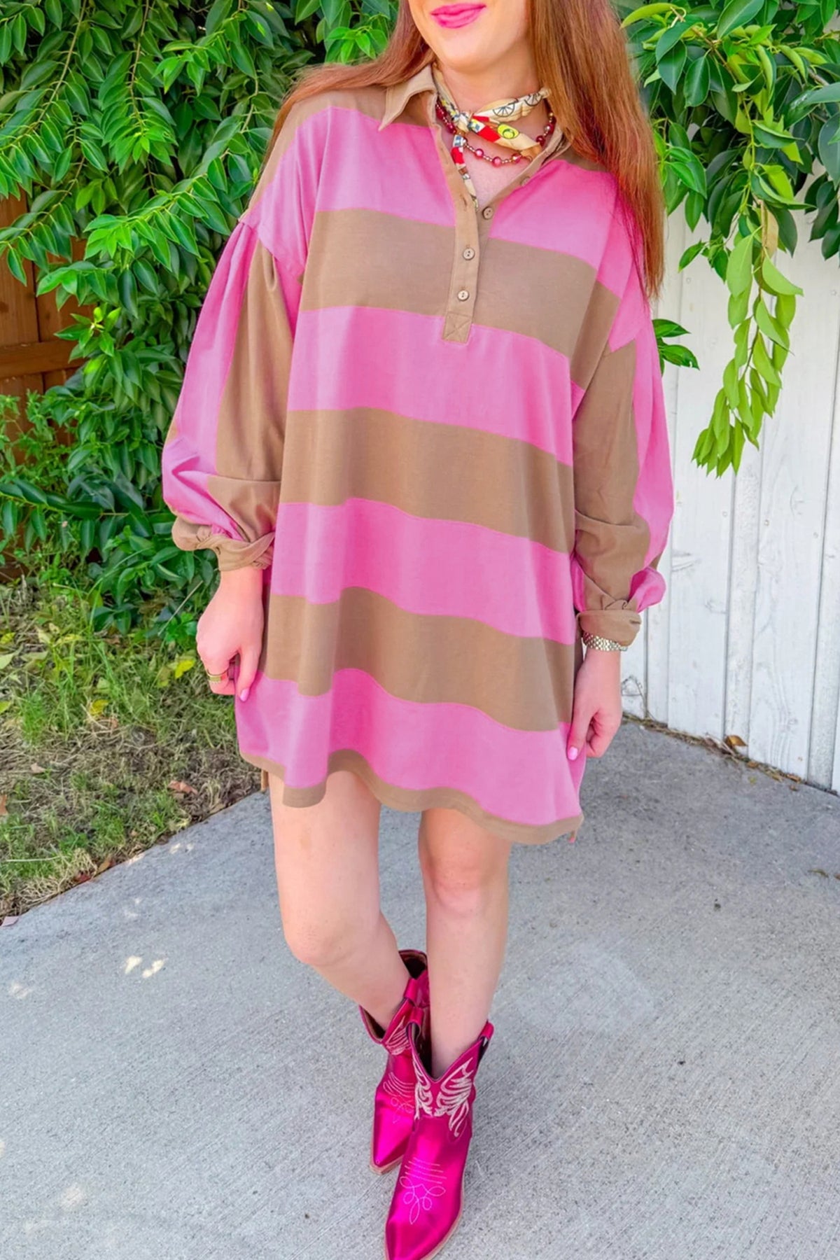 Rose Stripe Button Long Sleeve Short Shift Dress