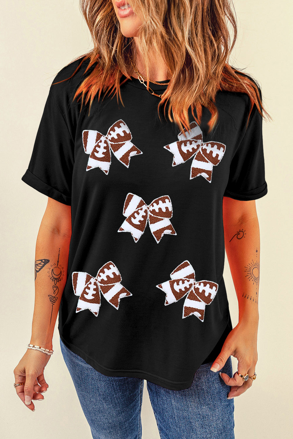 Black Rugby Football Bowknot Pattern Game Day T-Shirt