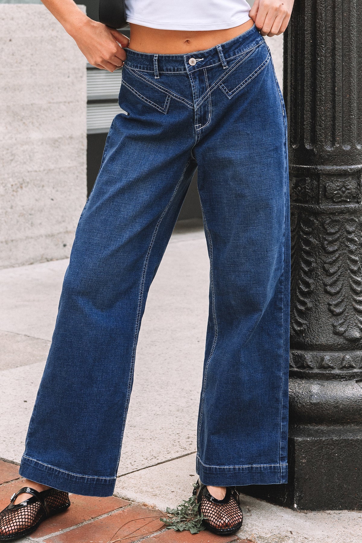 Sail Blue Stitched Waist Loose Cuffed Jeans