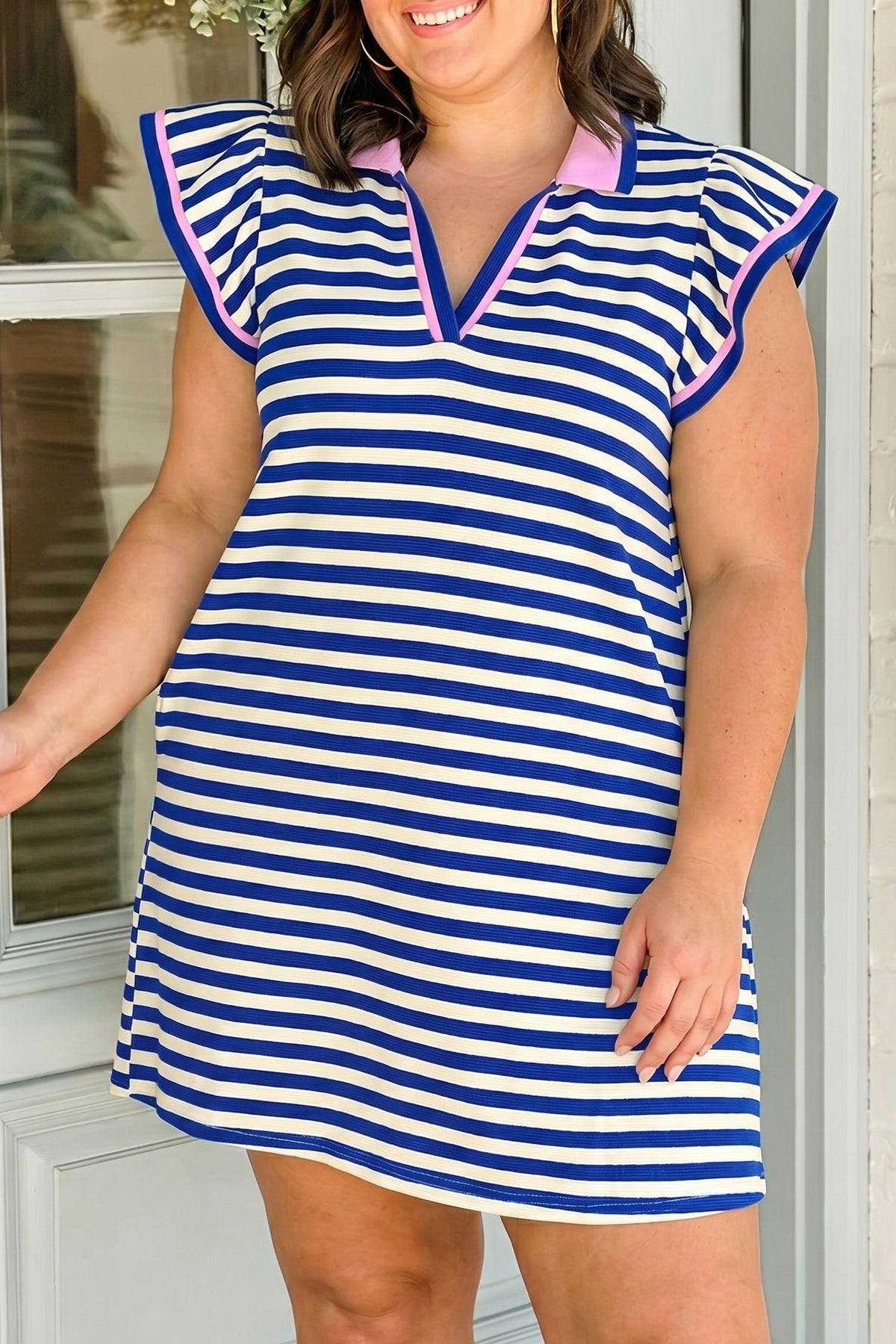 Dark Blue Striped Shift Dress Color-Block V-Neck Short-Sleeve Casual Summer