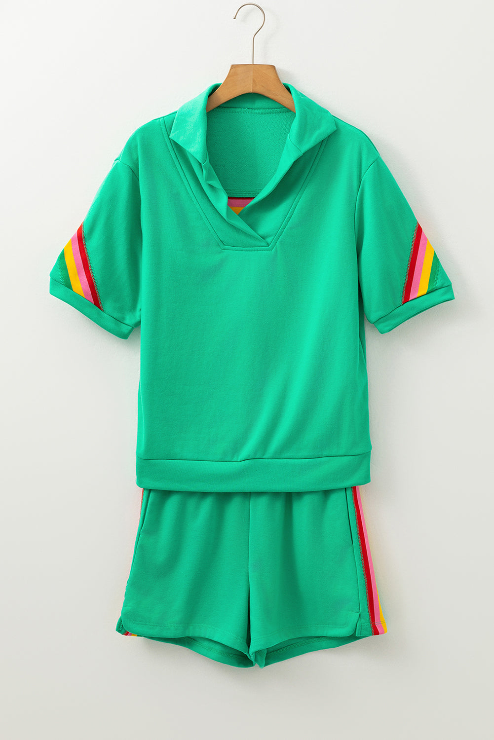 Sea Green Rainbow Colorblock Collared Short Sleeve Top Shorts Set