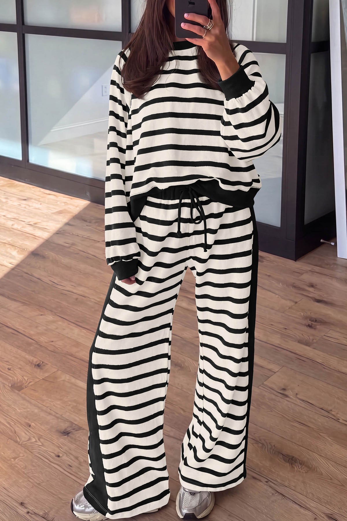 Women's Khaki Stripe Relaxed Long-Sleeve Top Color Block Detail Drawstring Pants Set