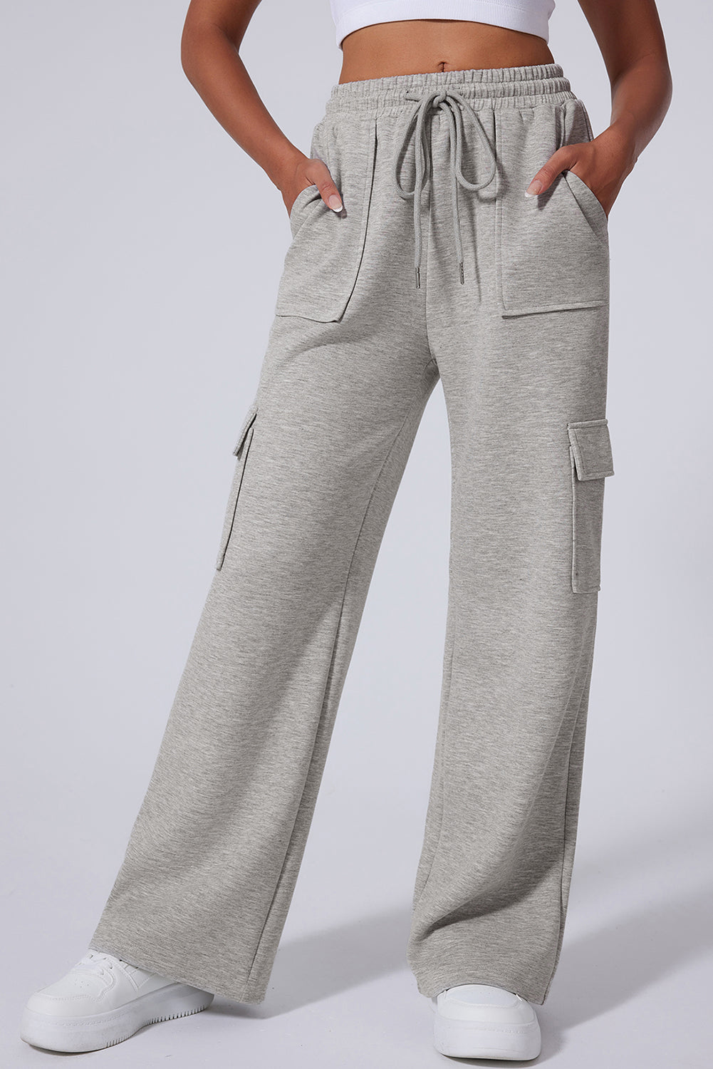Light Grey Multi Pockets Lace-up High Waist Wide Leg Active Pants