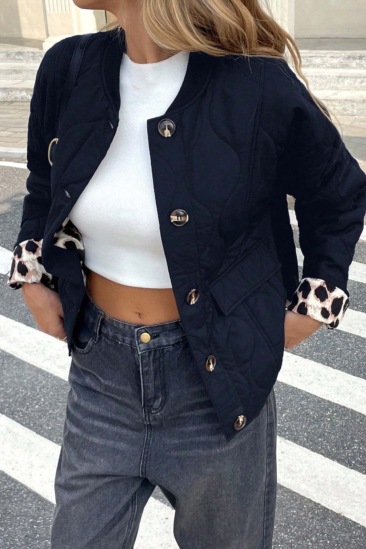 Black Quilted Leopard Cuff Button Down Puffer Jacket