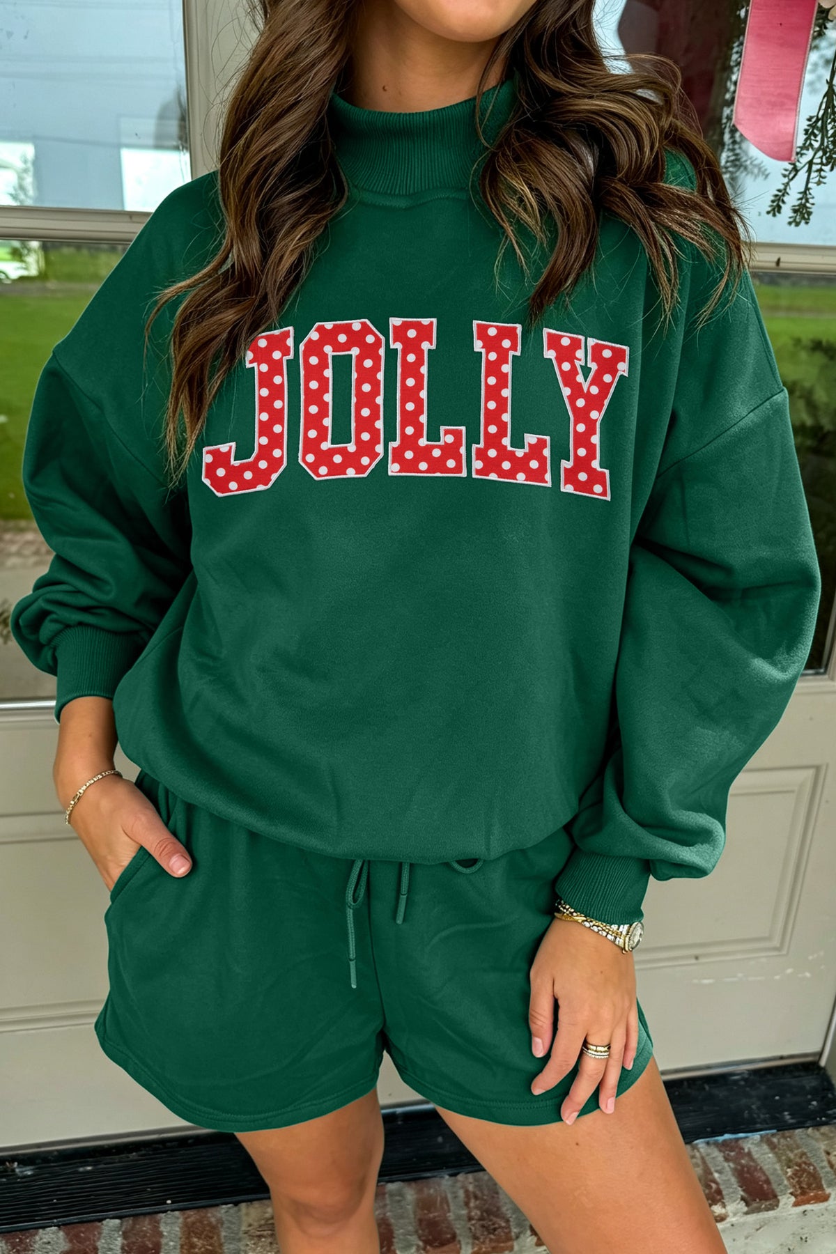 Women's Dark Green Christmas Slogan Print Mock Neck Pullover and Shorts Set