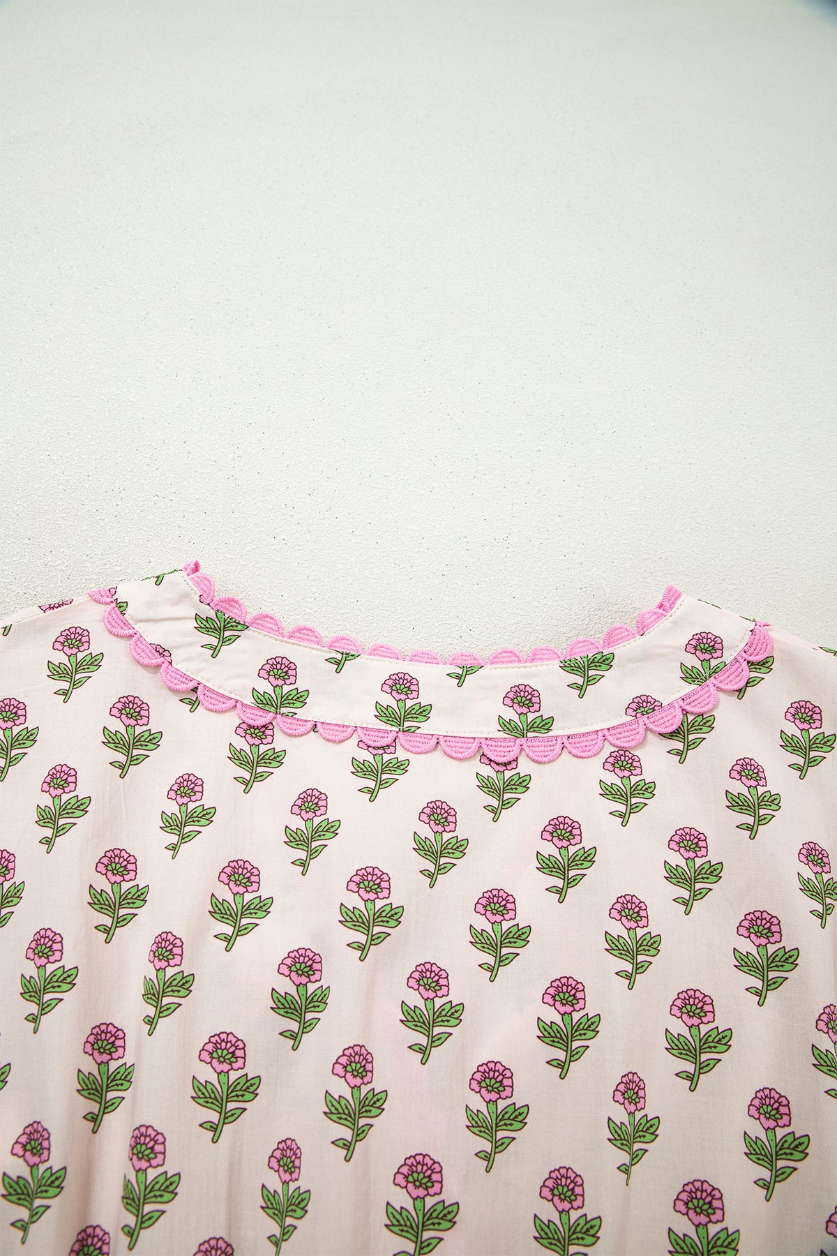 Pink Floral Print V Neck Scallop Trim Short Sleeve Long Dress