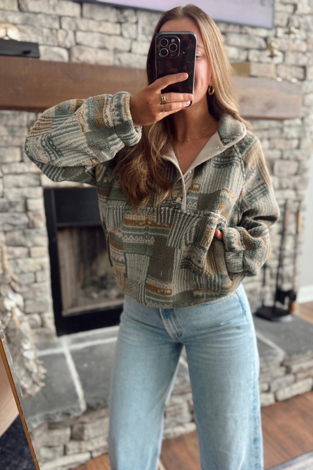 Green Western Print Fleece Pullover Fit Sweatshirt