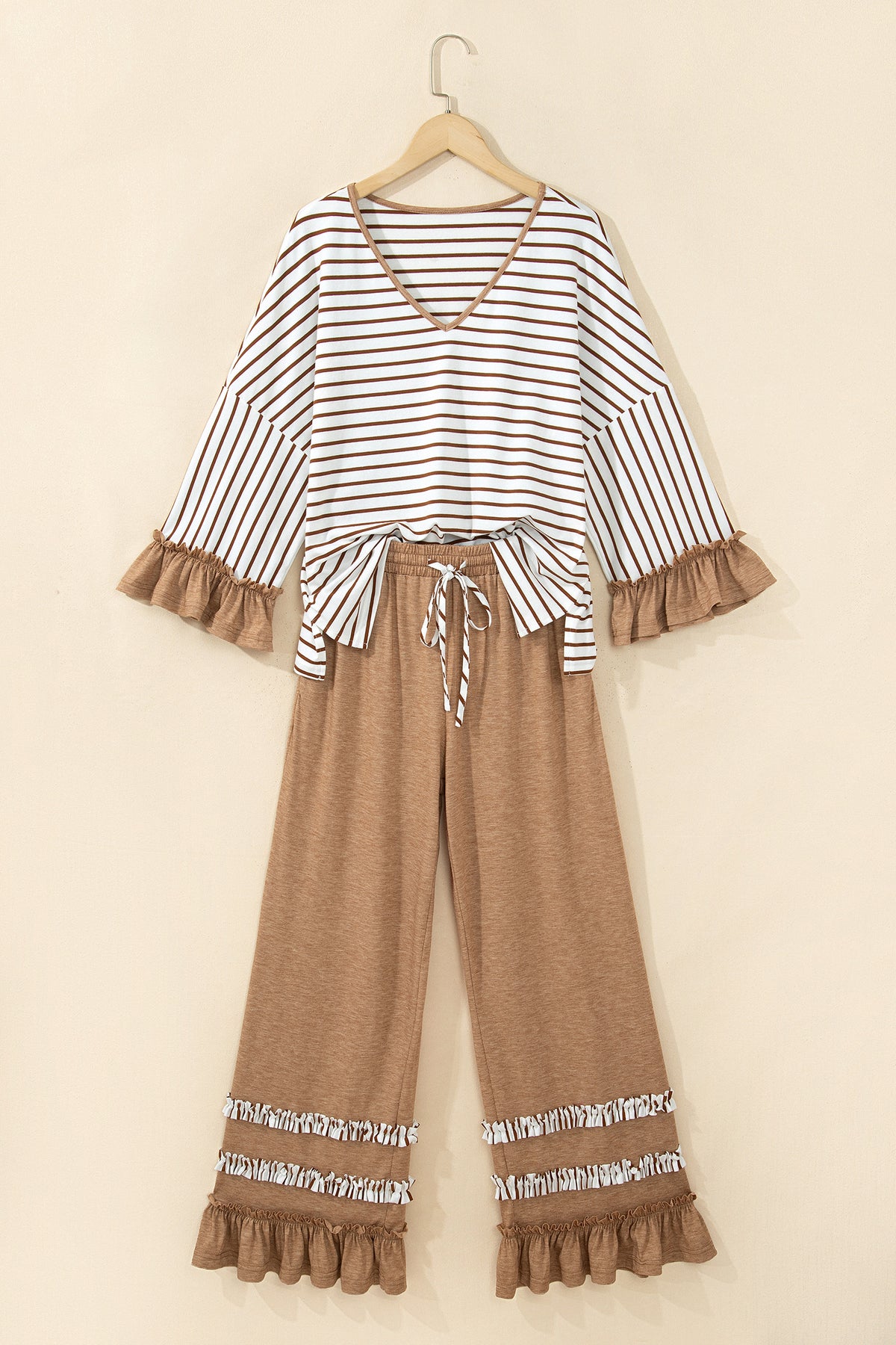 Women's Khaki Stripe V-Neck Ruffle Contrast Sleeve Top Drawstring Pants Two-Piece Set