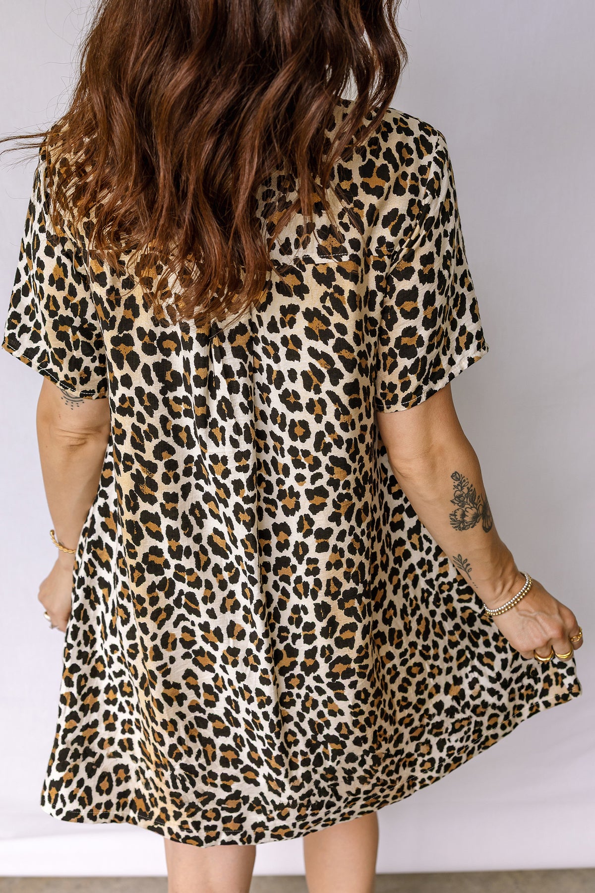Multicolour Half Buttons Short Sleeve Leopard Mini Dress with Pockets