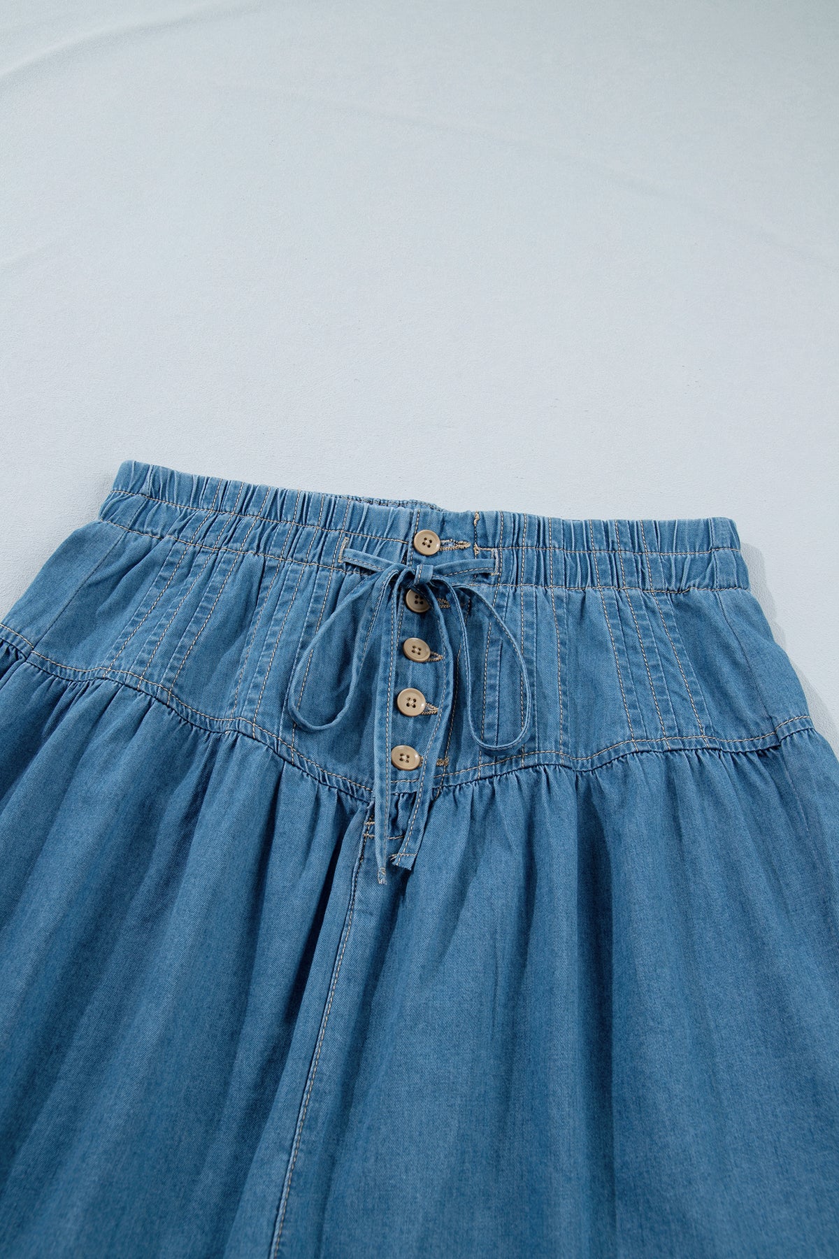 Sky Blue Half Buttons Pleated High Waist Denim Mini with Skirt