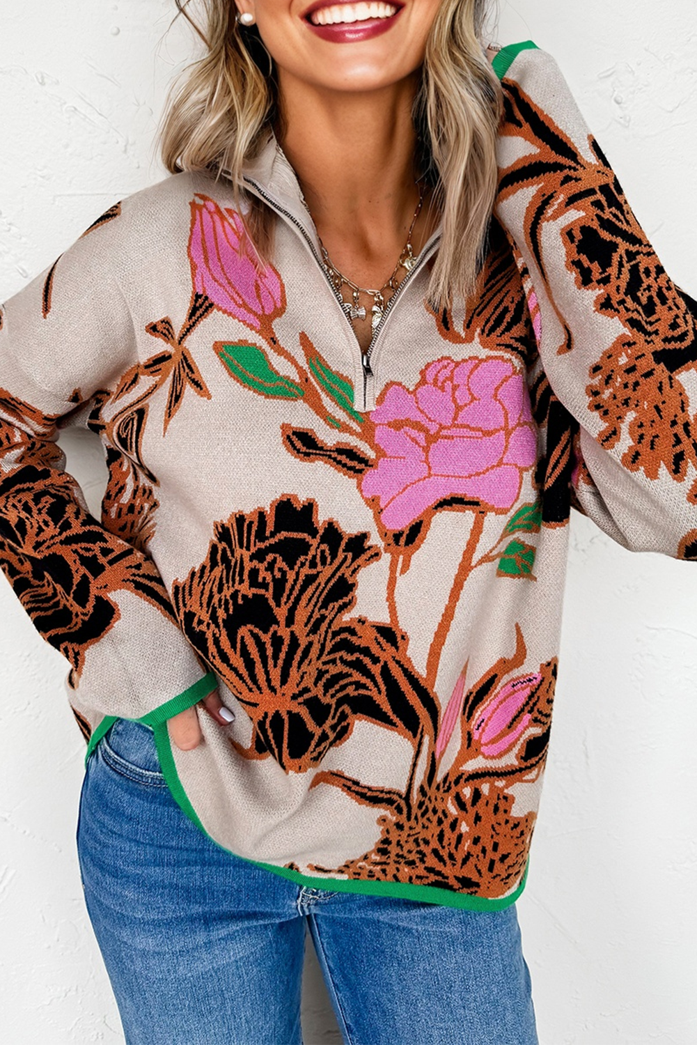 Khaki Floral Pattern Knit Quarter Zip Stand Neck Sweater
