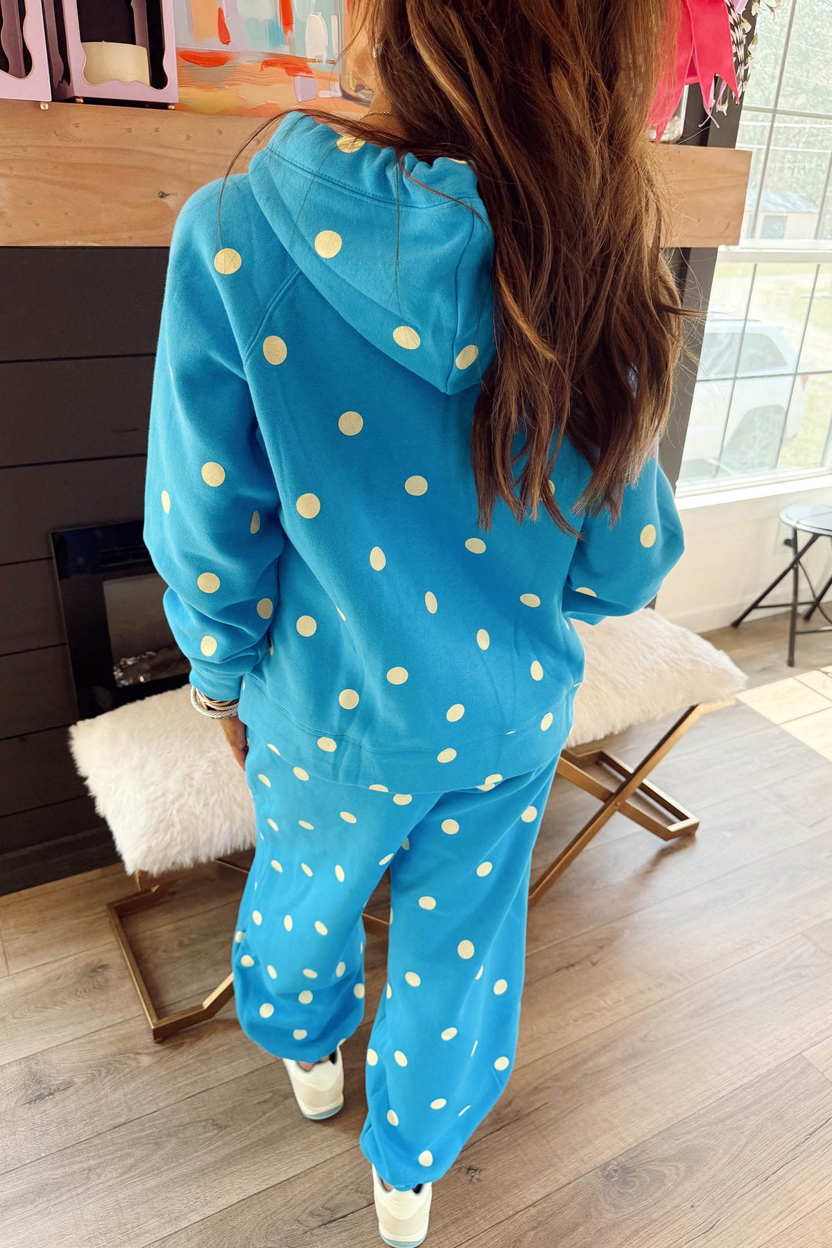 Blue Polka Dot Hooded Drawstring Long-Sleeve Plus Size Set