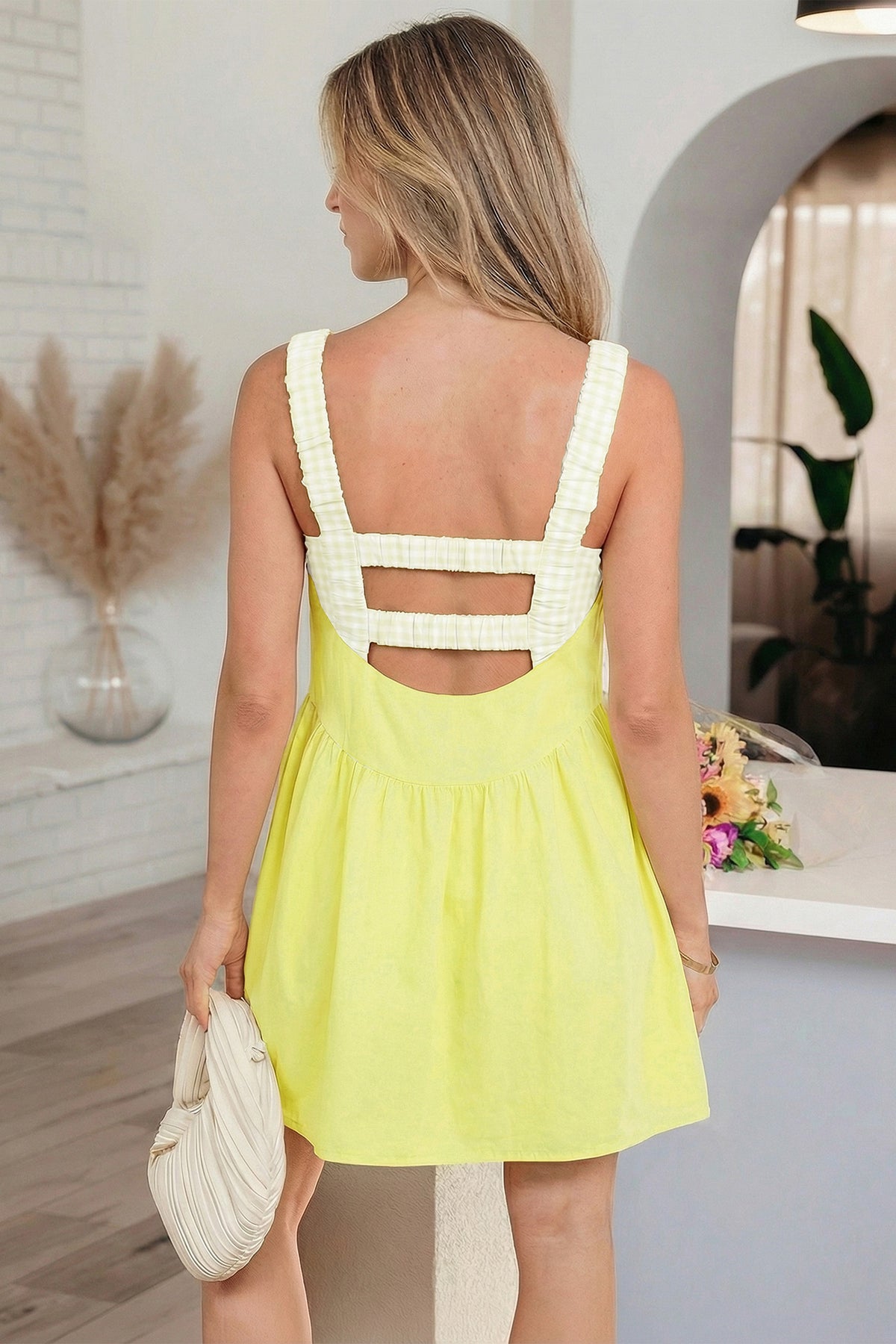 Yellow Cream Faux Gingham Contrast Patchwork Loose Mini Dress