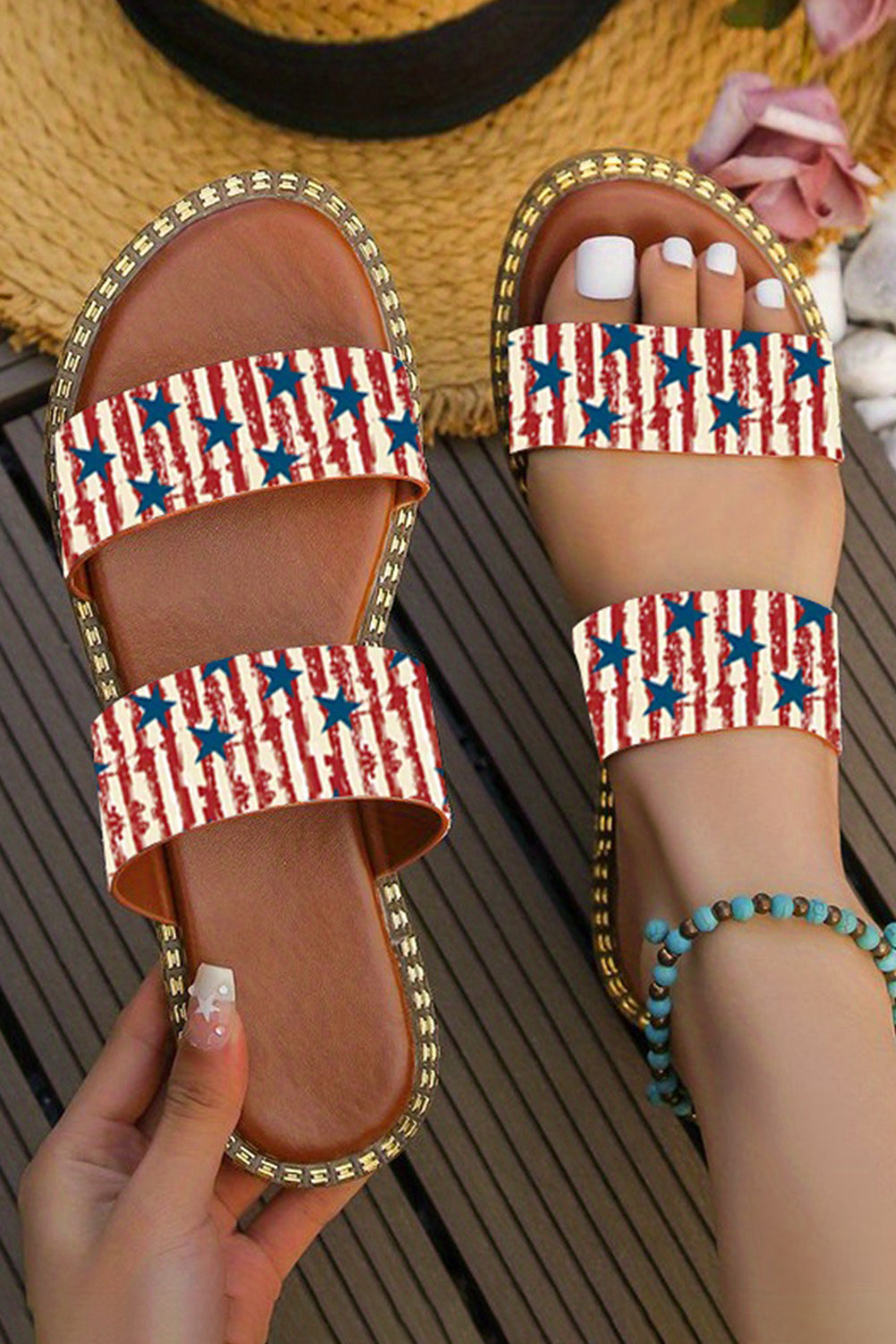 Fiery Red American Flag Print Double Band Flat Sandals