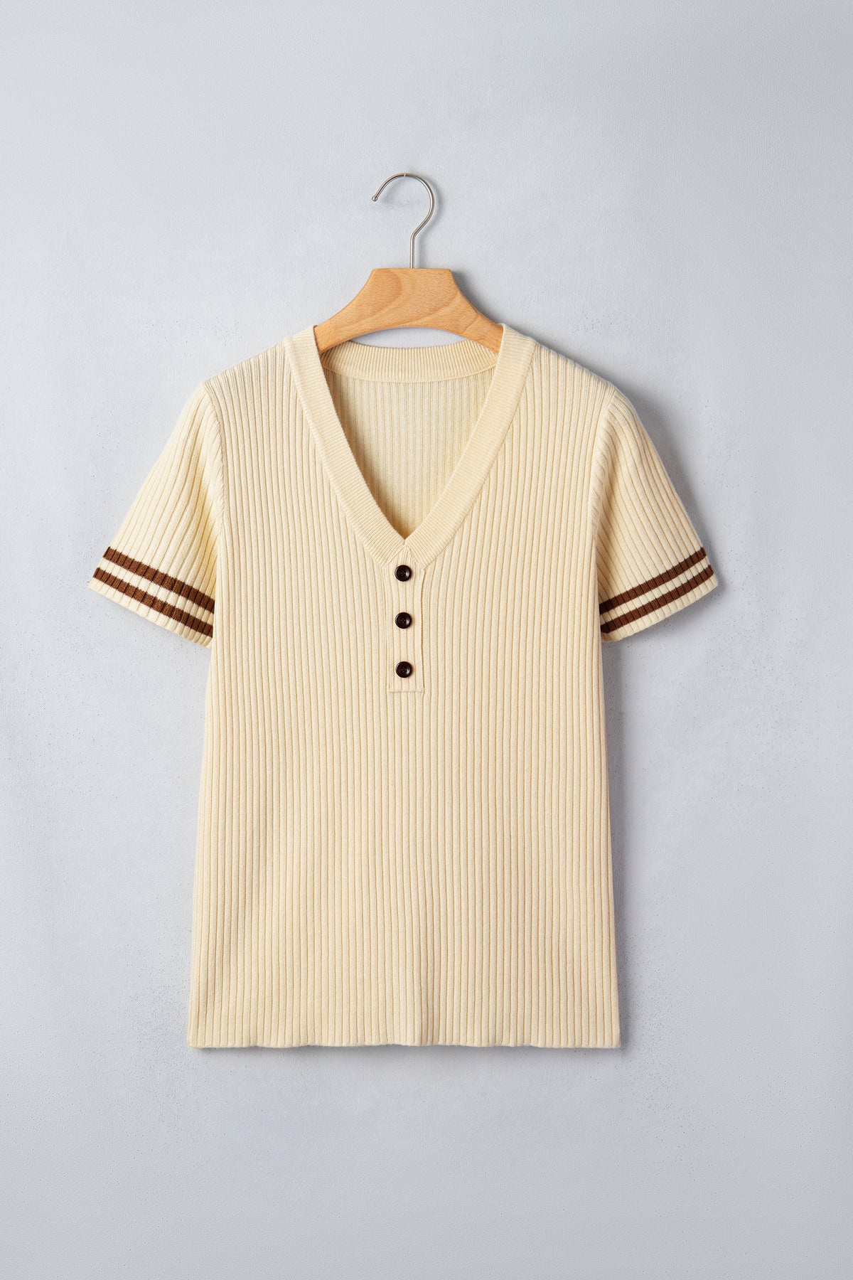 Apricot V Neck Ribbed Knit Striped Trim Short Sleeve Sweater