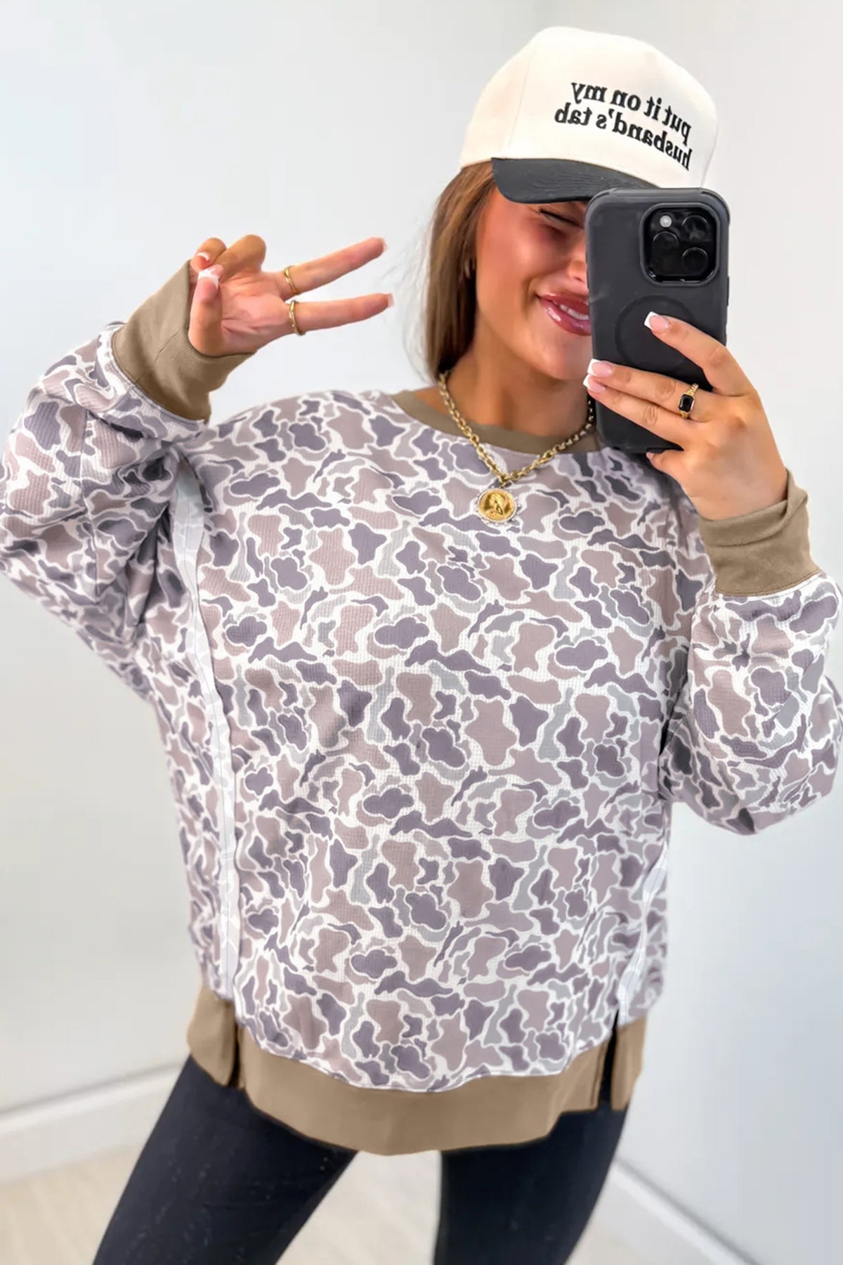 Khaki Camouflage Print Textured Knit Color Block Trim Top