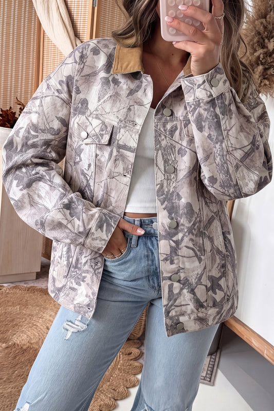 Gray Abstract Camo Print Colorblock Collar Oversized Denim Jacket