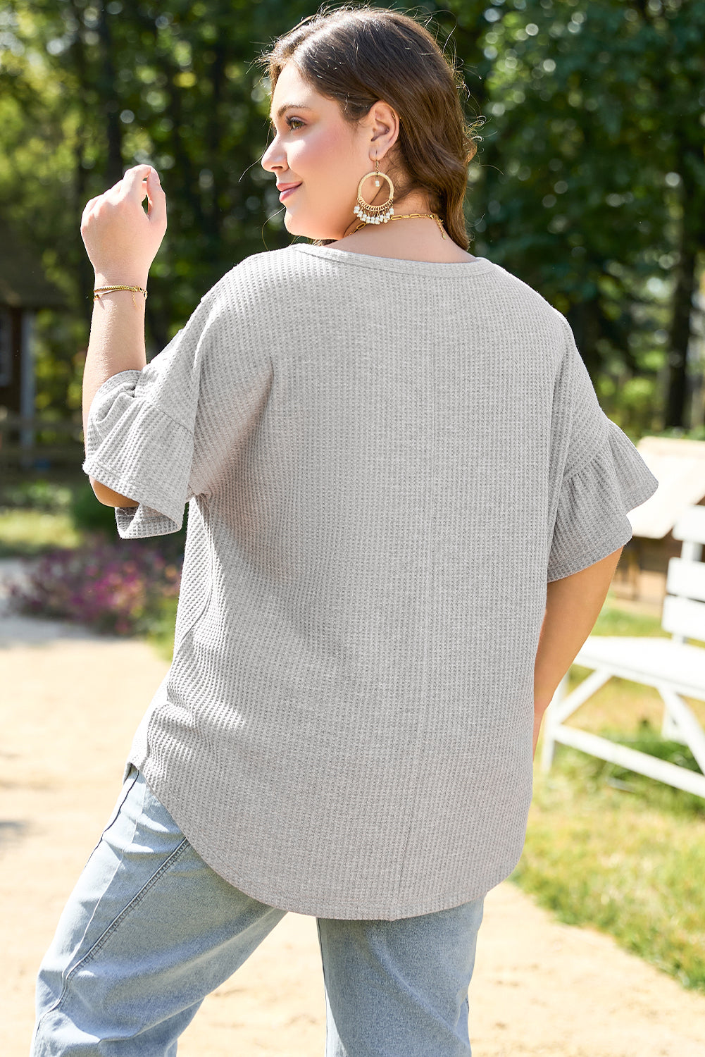 Light Grey Lace Insert Waffle Ruffle Short-Sleeve Plus Size Top