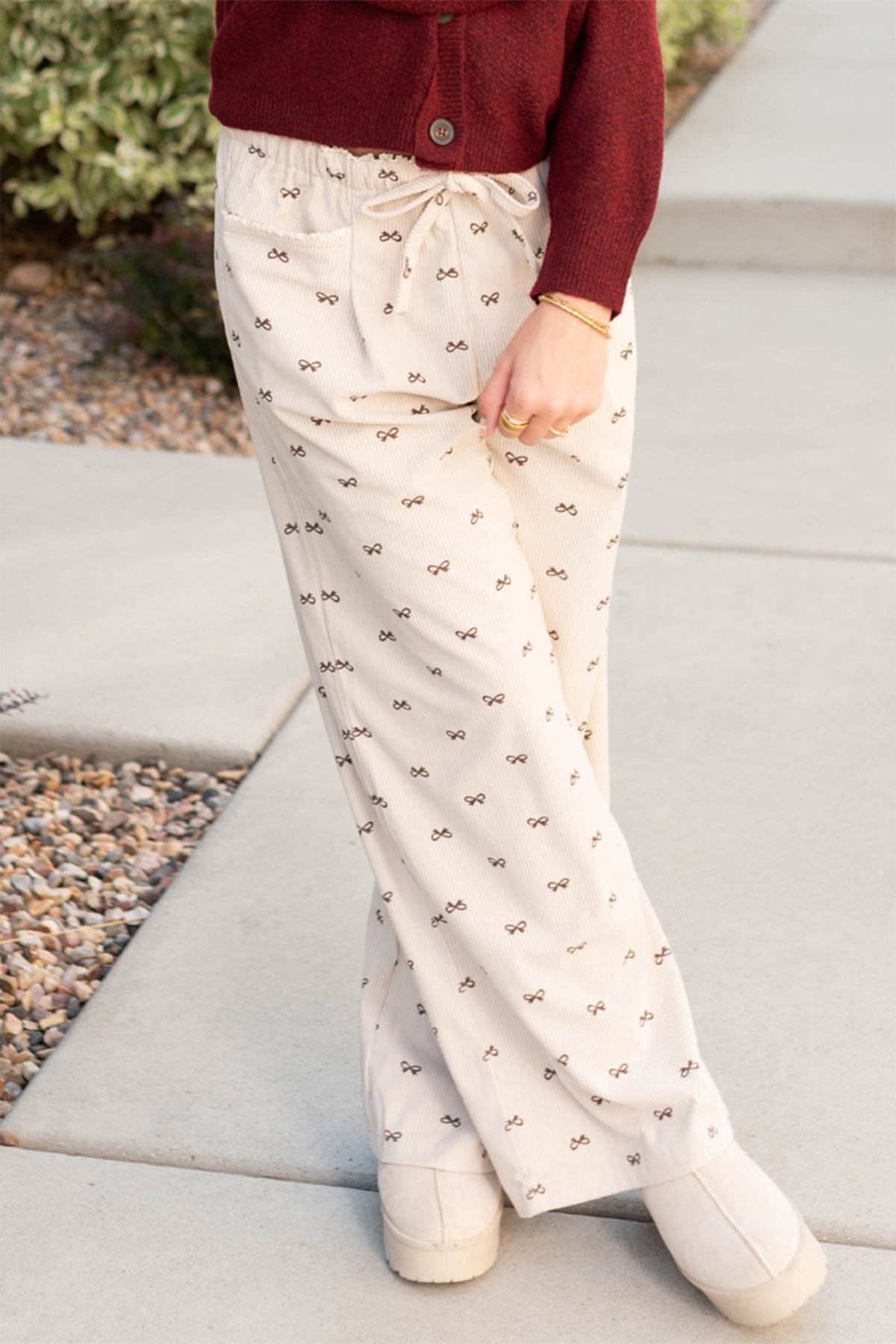 Apricot Bow Print Drawstring Elastic Waist Loose Corduroy Pants
