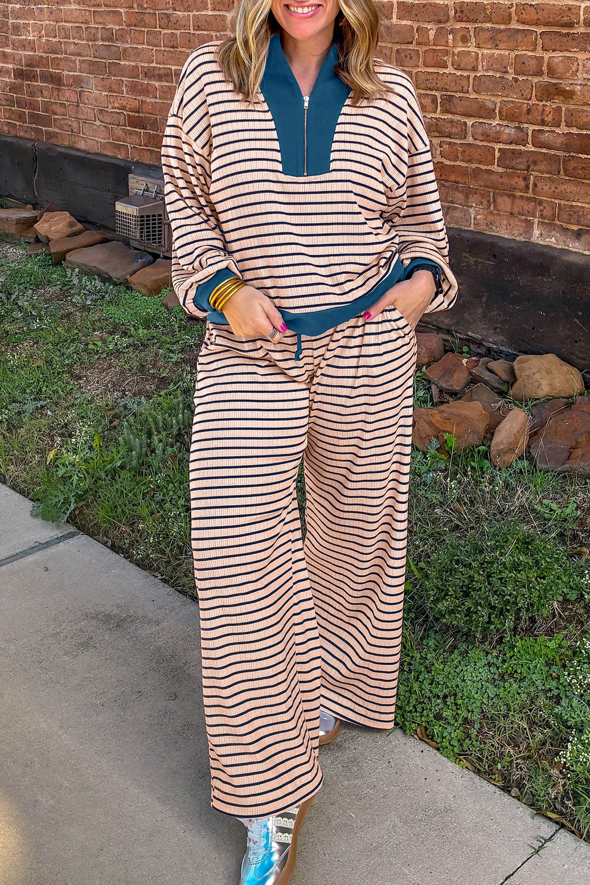 Pink Stripe Striped Color-Block V-Neck Long-Sleeve Plus Size Set