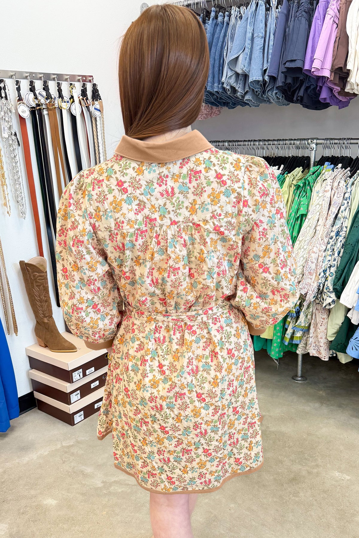 Orange Floral Print Color Block 3/4 Sleeve Belted Mini Dress
