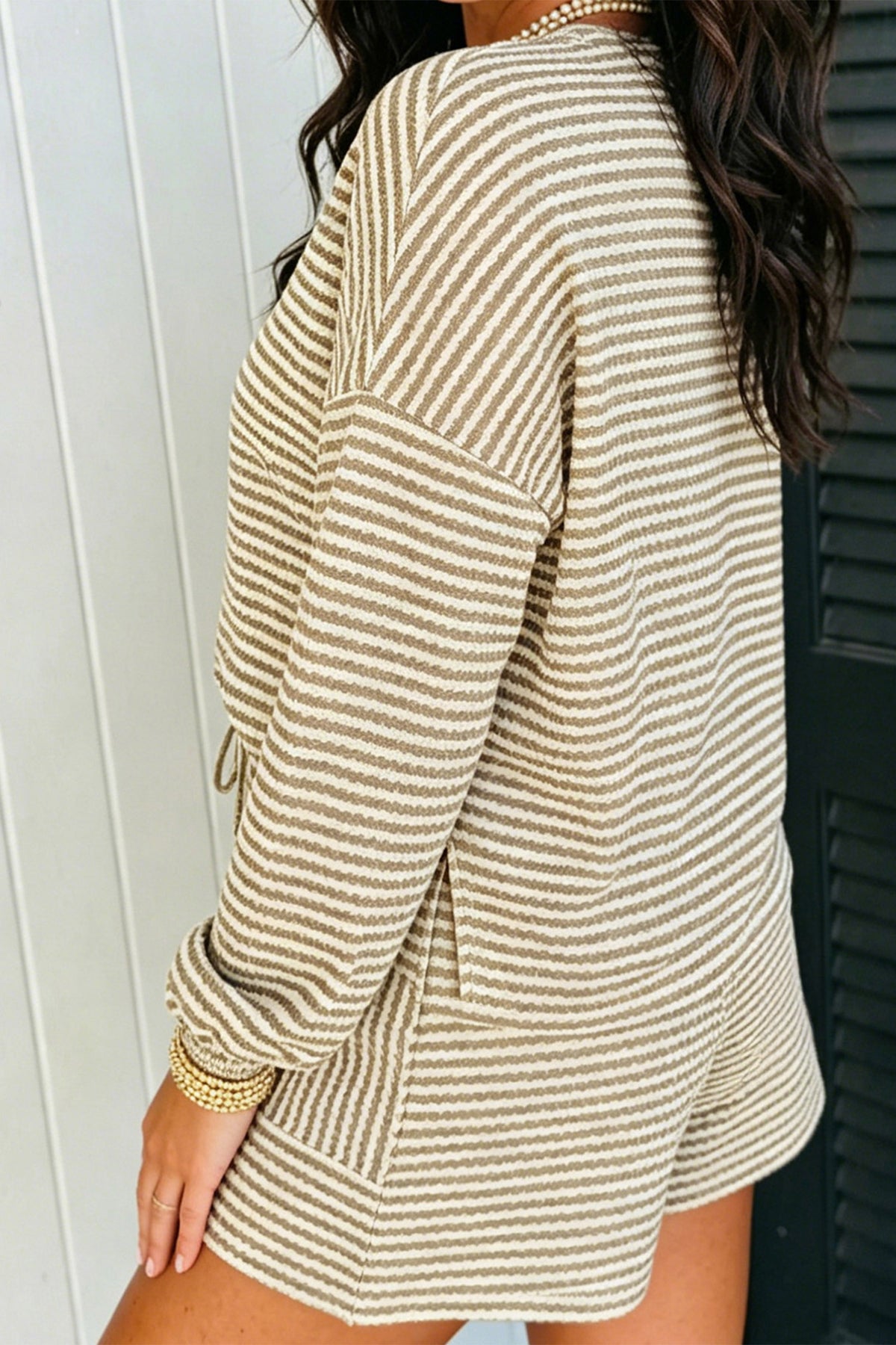 Women's Brown Stripe Textured Knit Long-Sleeve Top Elastic Waist Shorts Casual Outfit