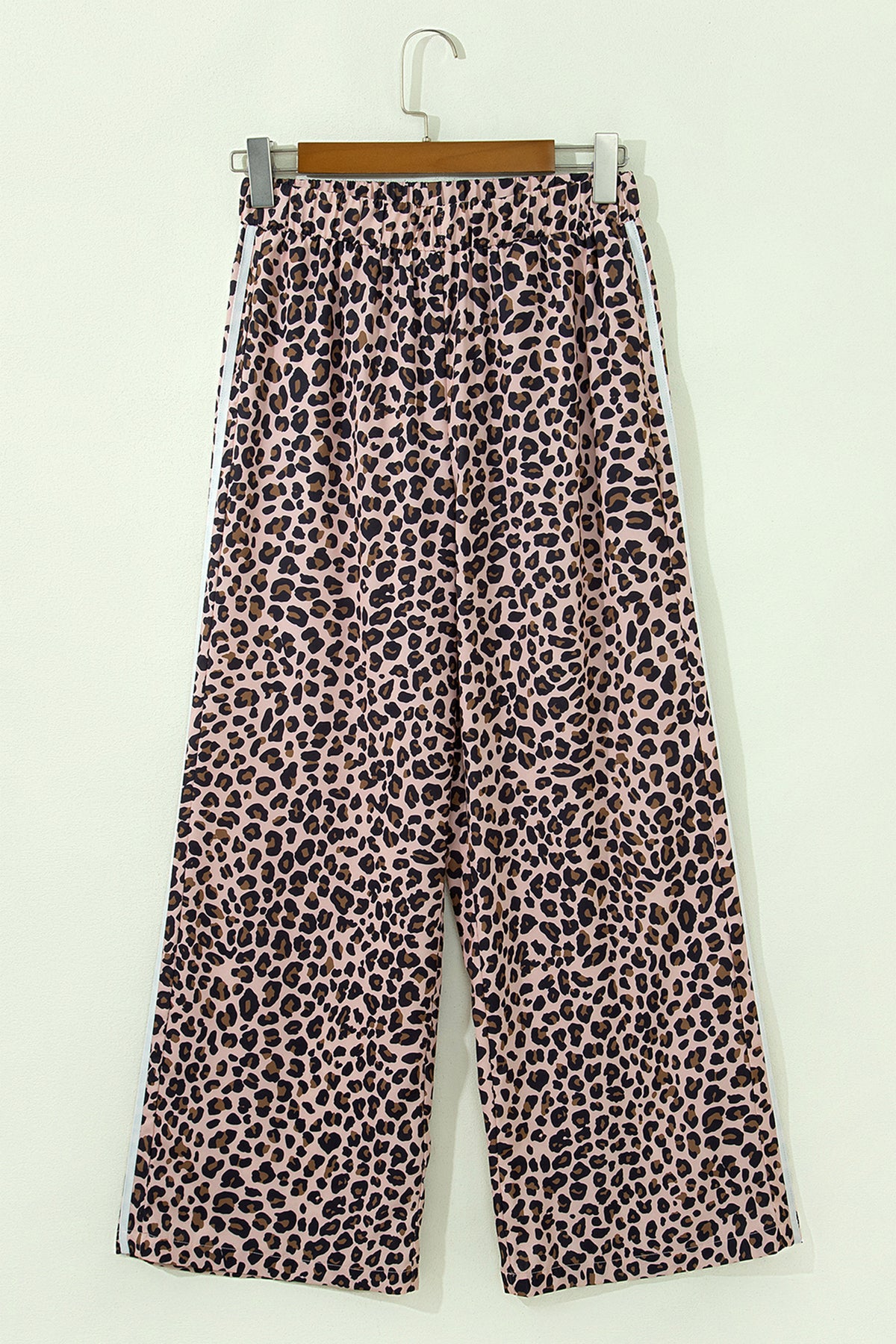 Beige Leopard Print Side Striped Casual Wide Leg Pants
