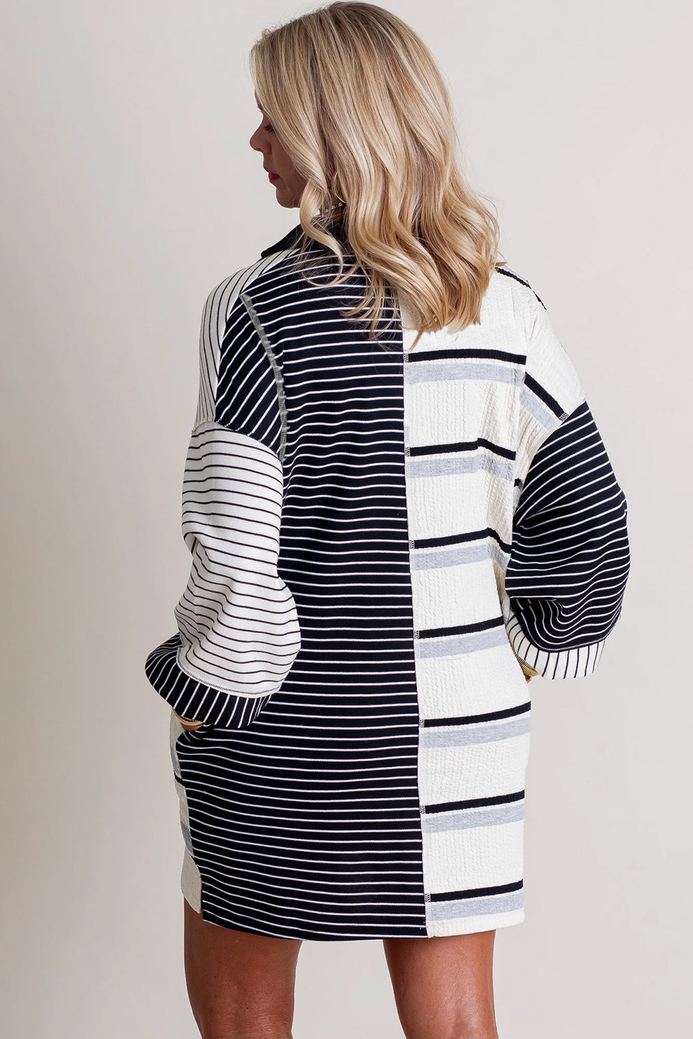 Black Stripe Colorblock Knit Henley Collar Shift Mini Dress