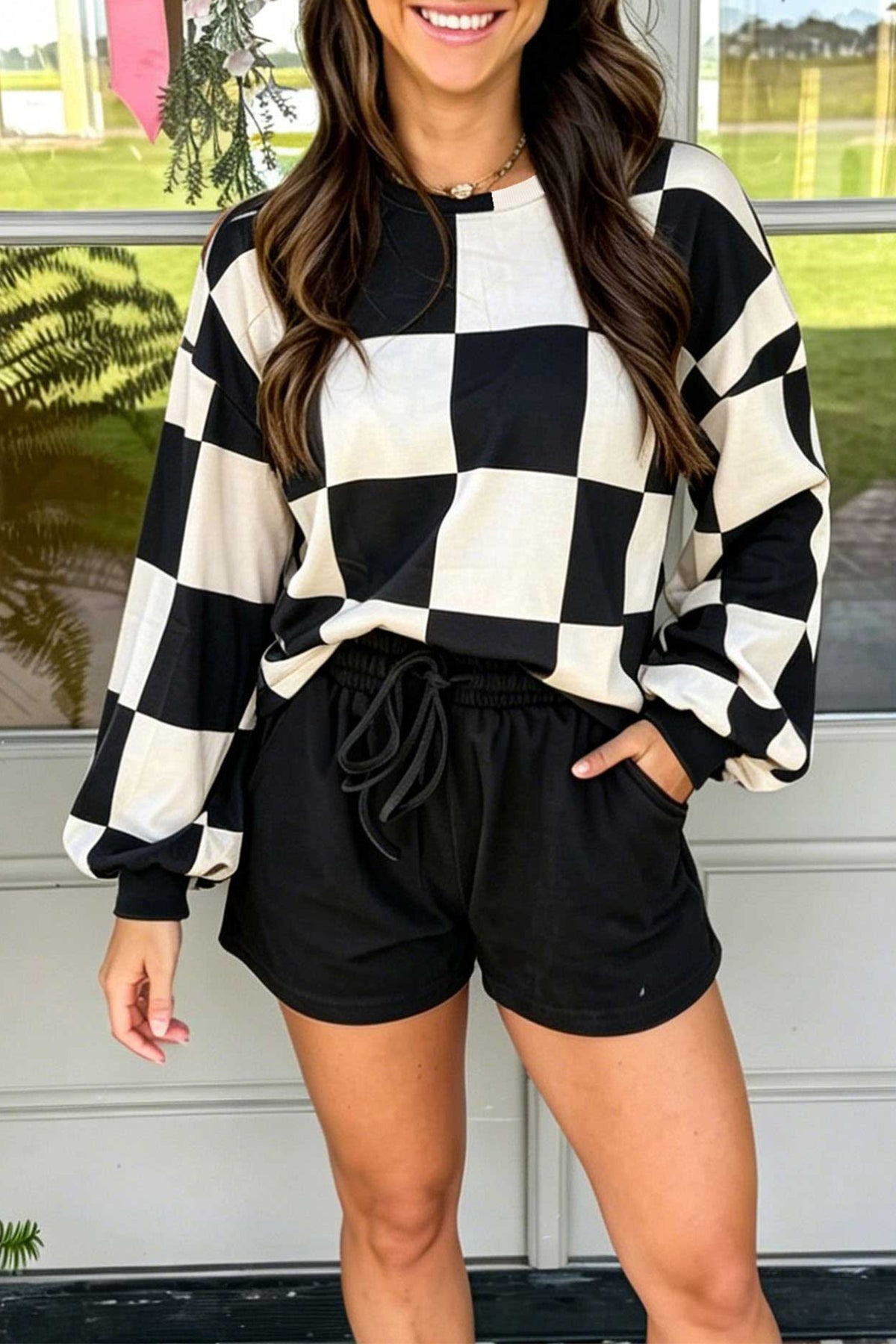 Women's Black Checkerboard Plaid Long-Sleeve Shorts Two-Piece Set