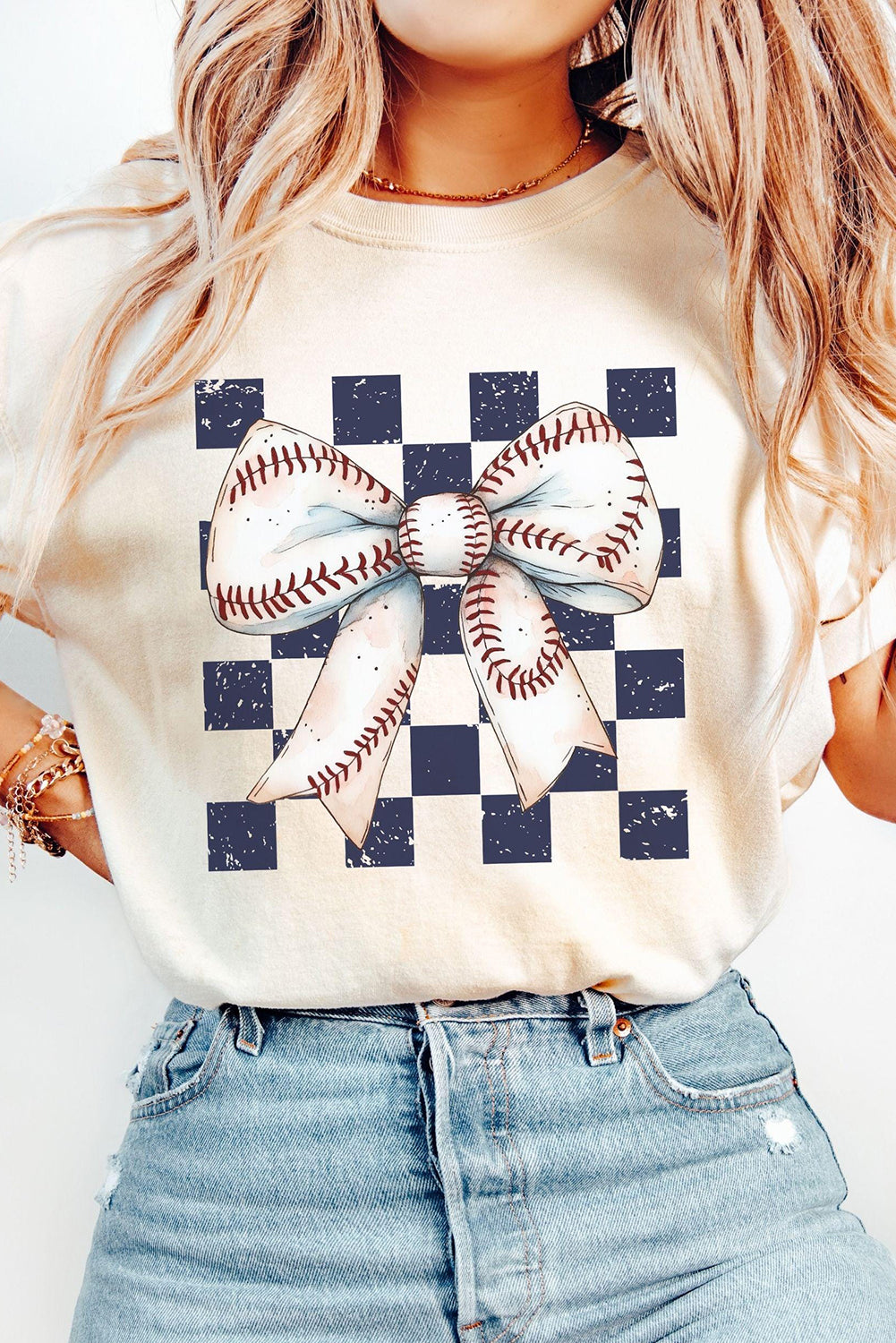 White Checkered Rugby Bowknot Graphic Crew T-Shirt