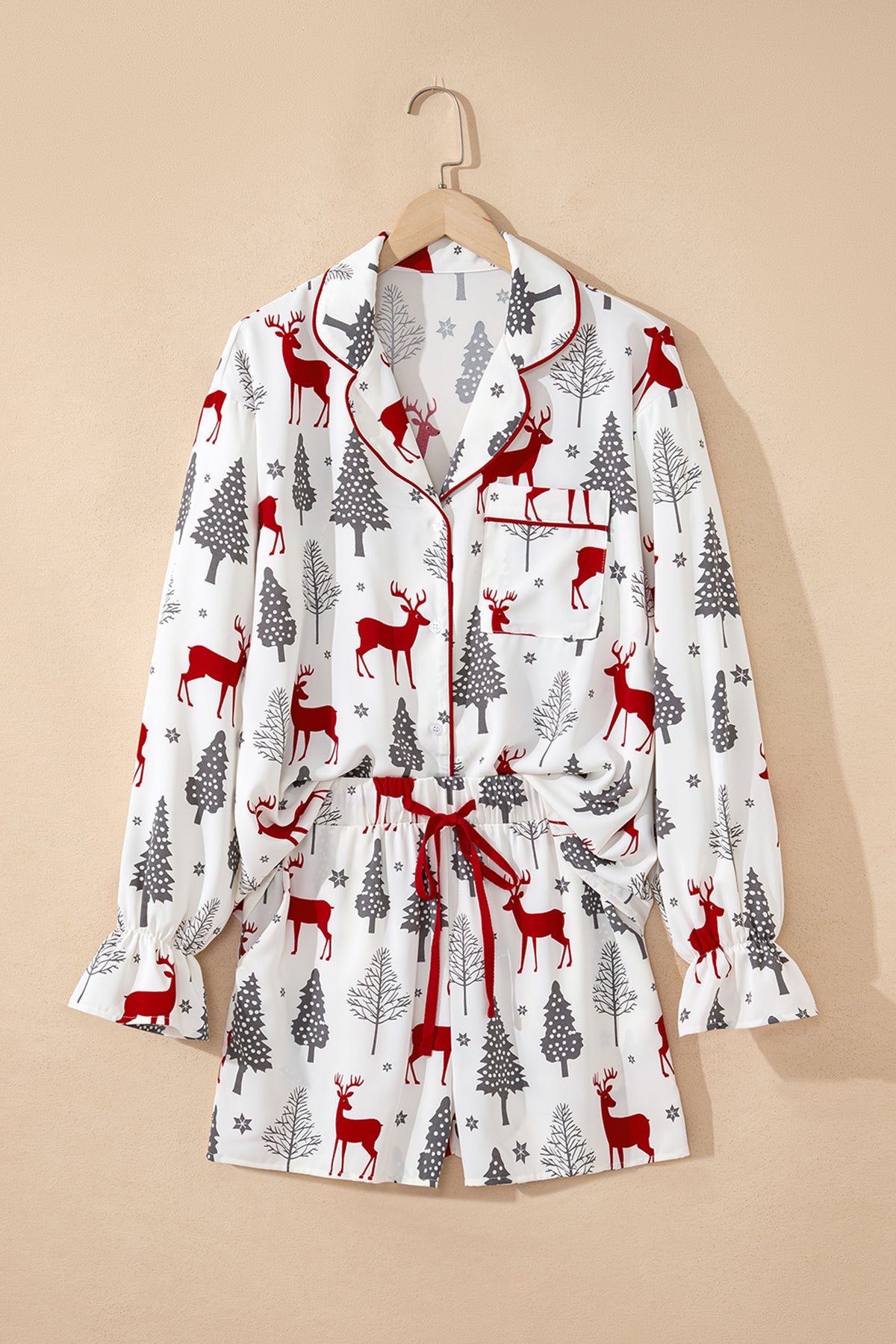 White Christmas Print Velvet Trim Bow Knot Pajama Shorts Set