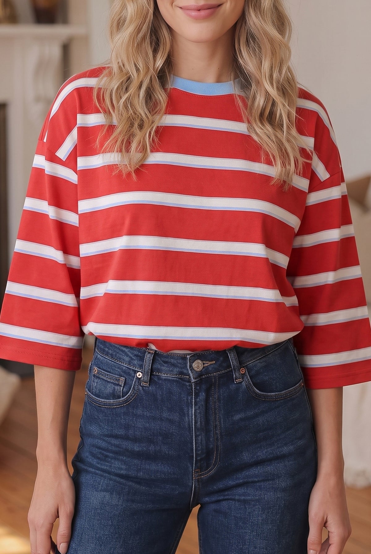 Racing Red Striped Bow Tie Hollowed Back 7/8 Sleeve T-Shirt