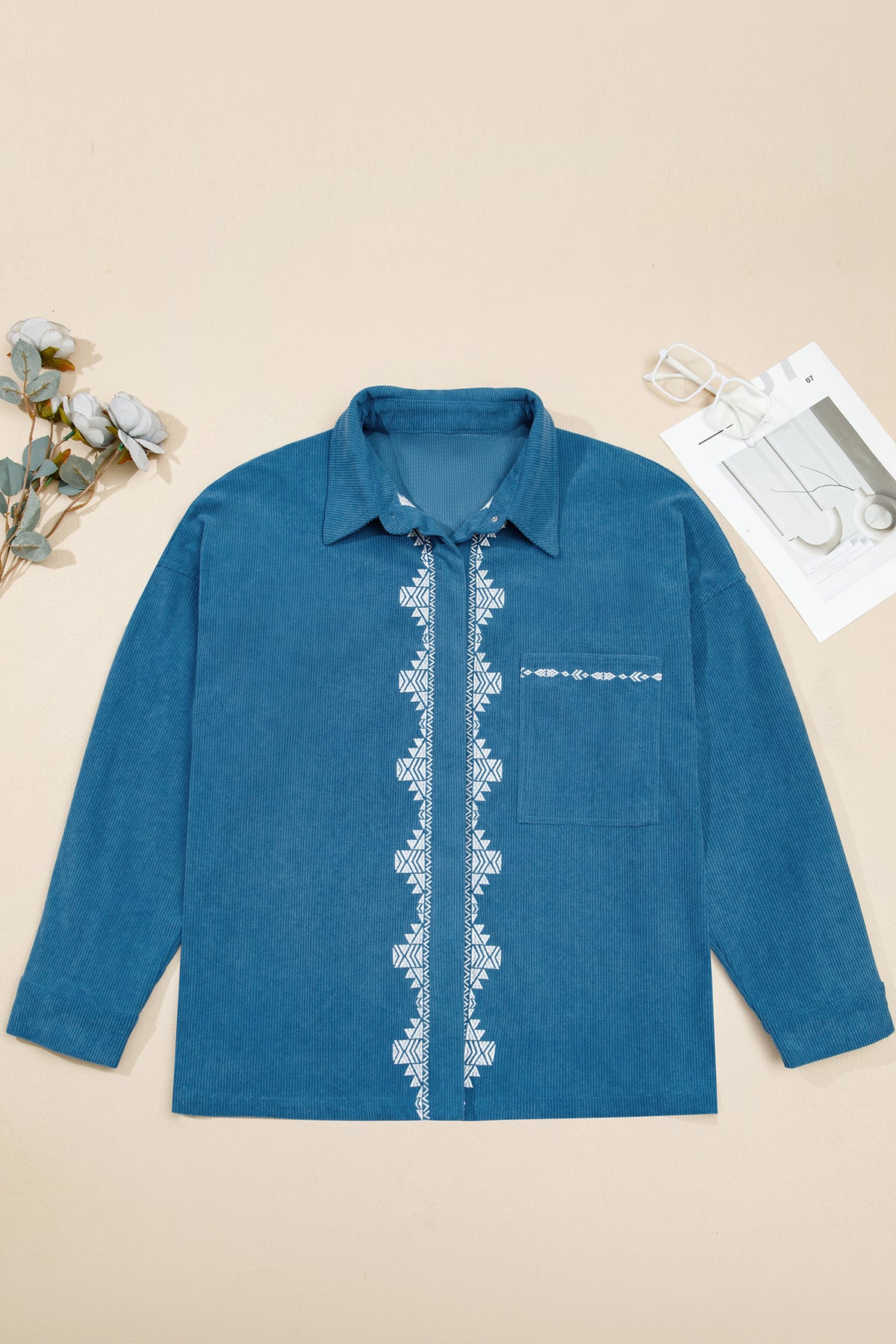 Blue Embroidered Corduroy V-Neck Plus Size Shirt