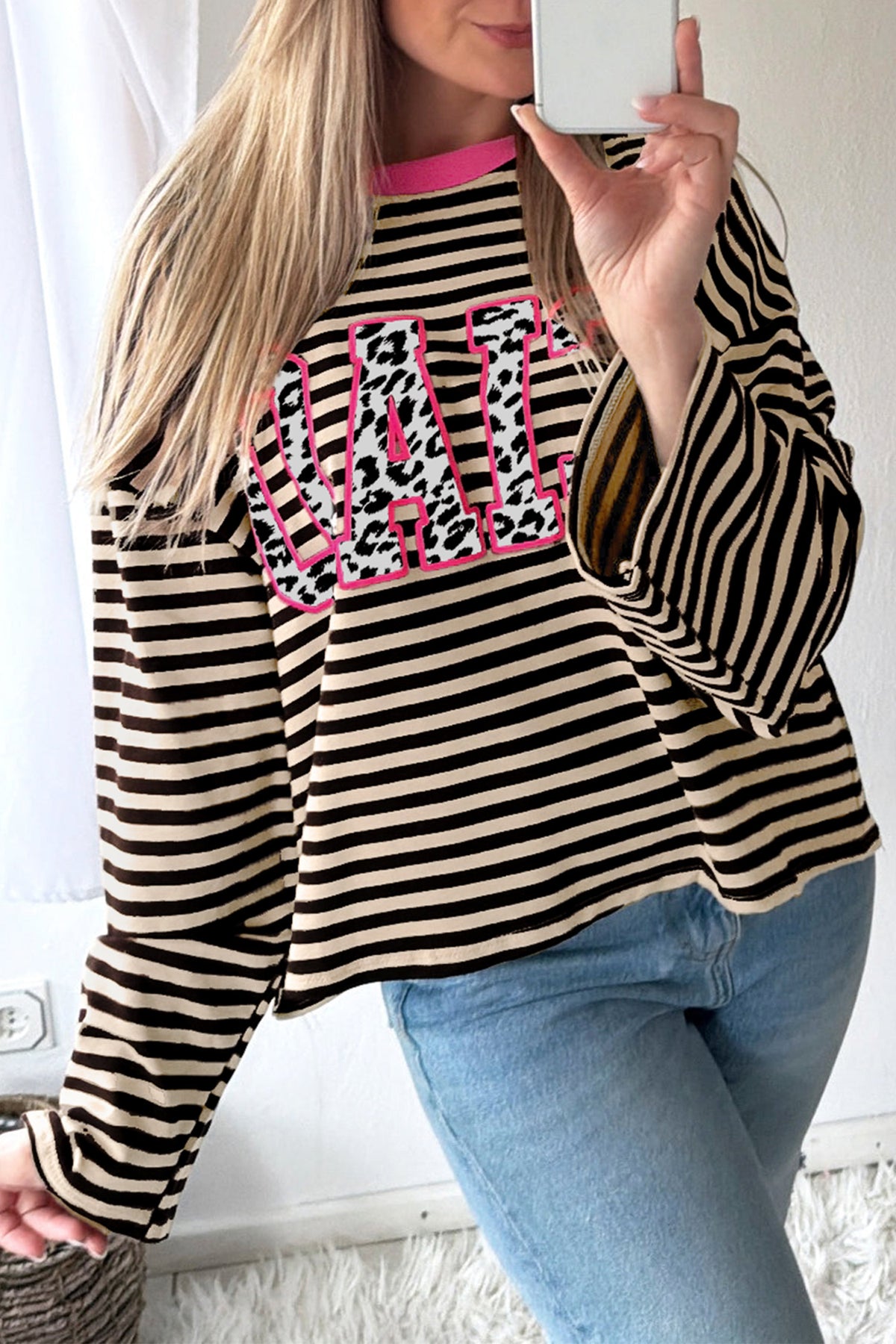 Beige Stripe Leopard CIAO Graphic Long Sleeve Top