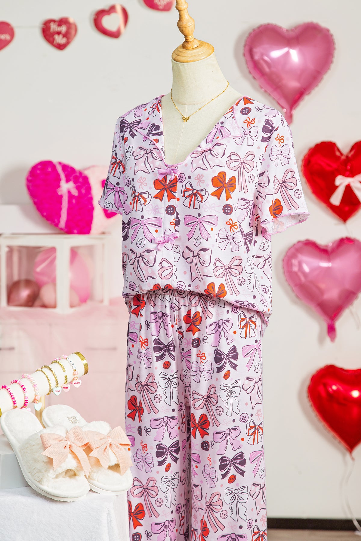 Pink Bows and Buttons Print Short Sleeve Shirt and Pants Pajama Set