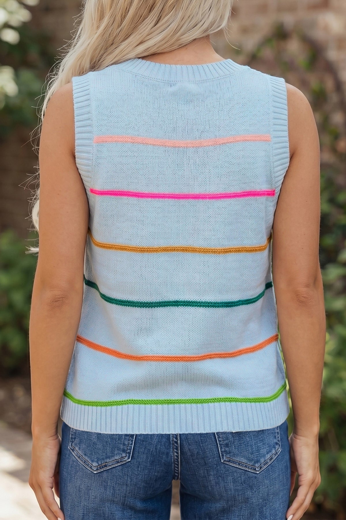 White Stripe Round Neck Knitted Sweater Tank