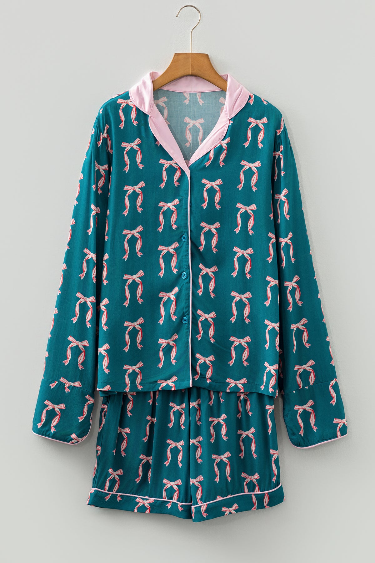 Green Bow Print Silky Long Sleeve Shirt and Shorts Pajama Set