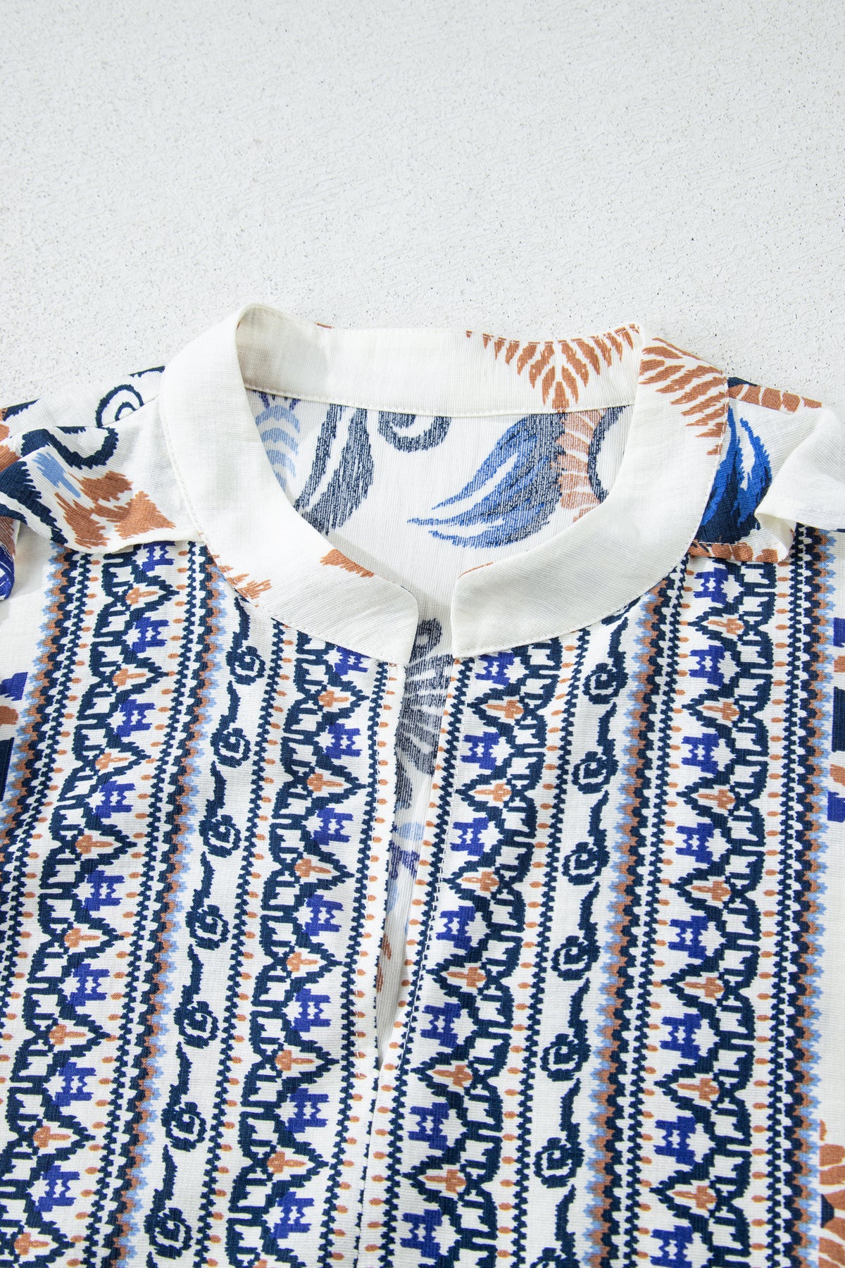 Sky Blue Plus Size Boho Print Split Neck Long-Sleeve Mini Dress