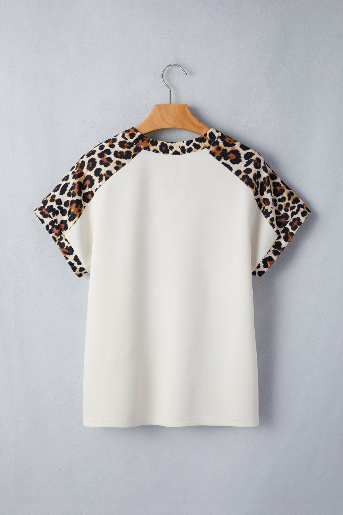 Beige Leopard Patchwork Half Button Short Sleeve Top