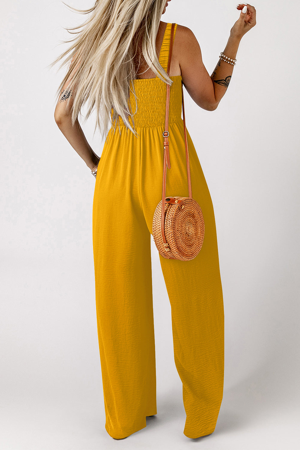 Ginger Smocked Sleeveless Wide Leg Jumpsuit with Pockets