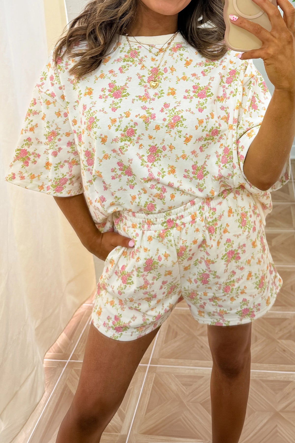 Women's Sky Blue Floral Print Short-Sleeve Elastic Waist Pocket Two-Piece Set
