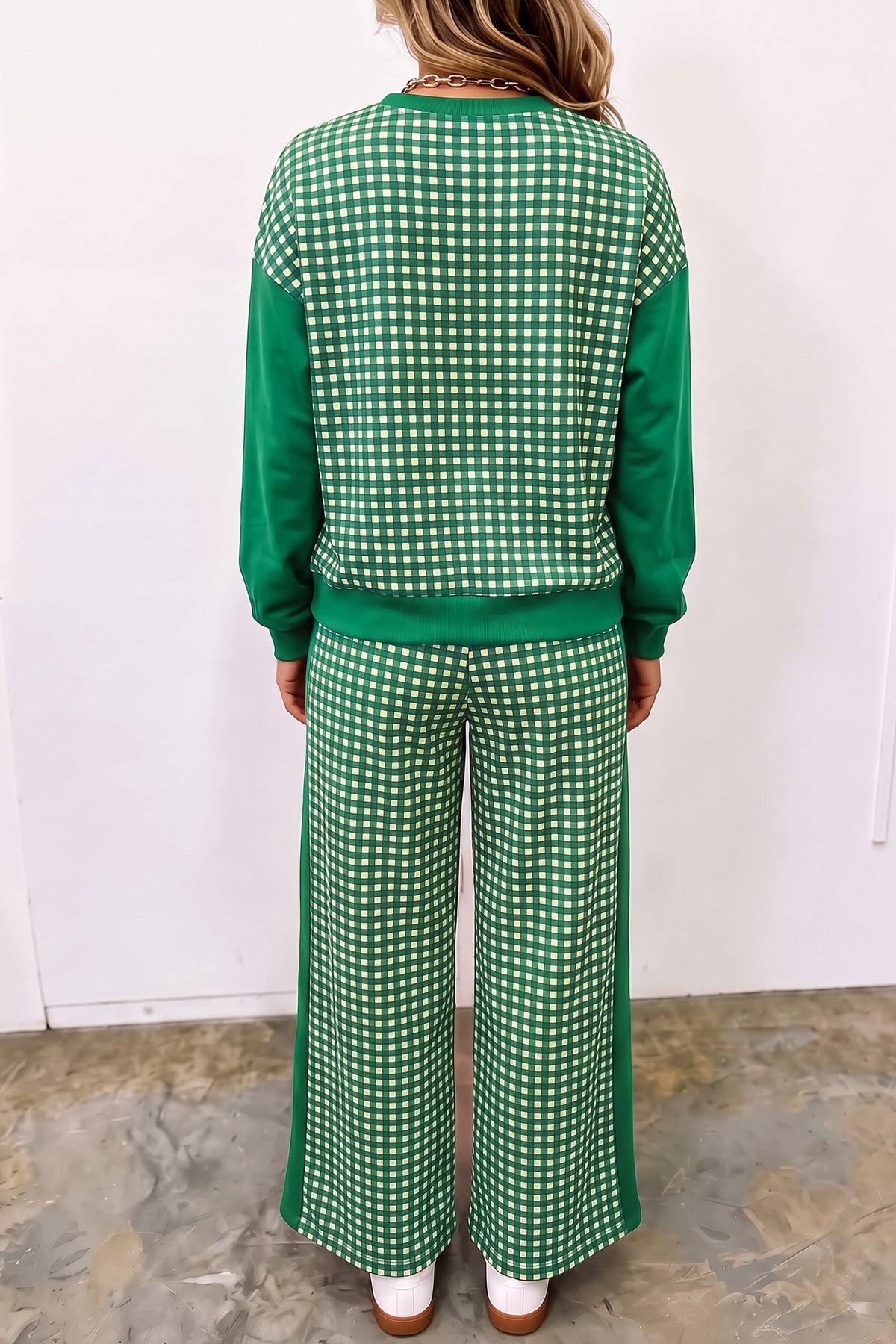 Women's Red Color Block Plaid Patchwork Long-Sleeve Pullover Wide-Leg Pants Set