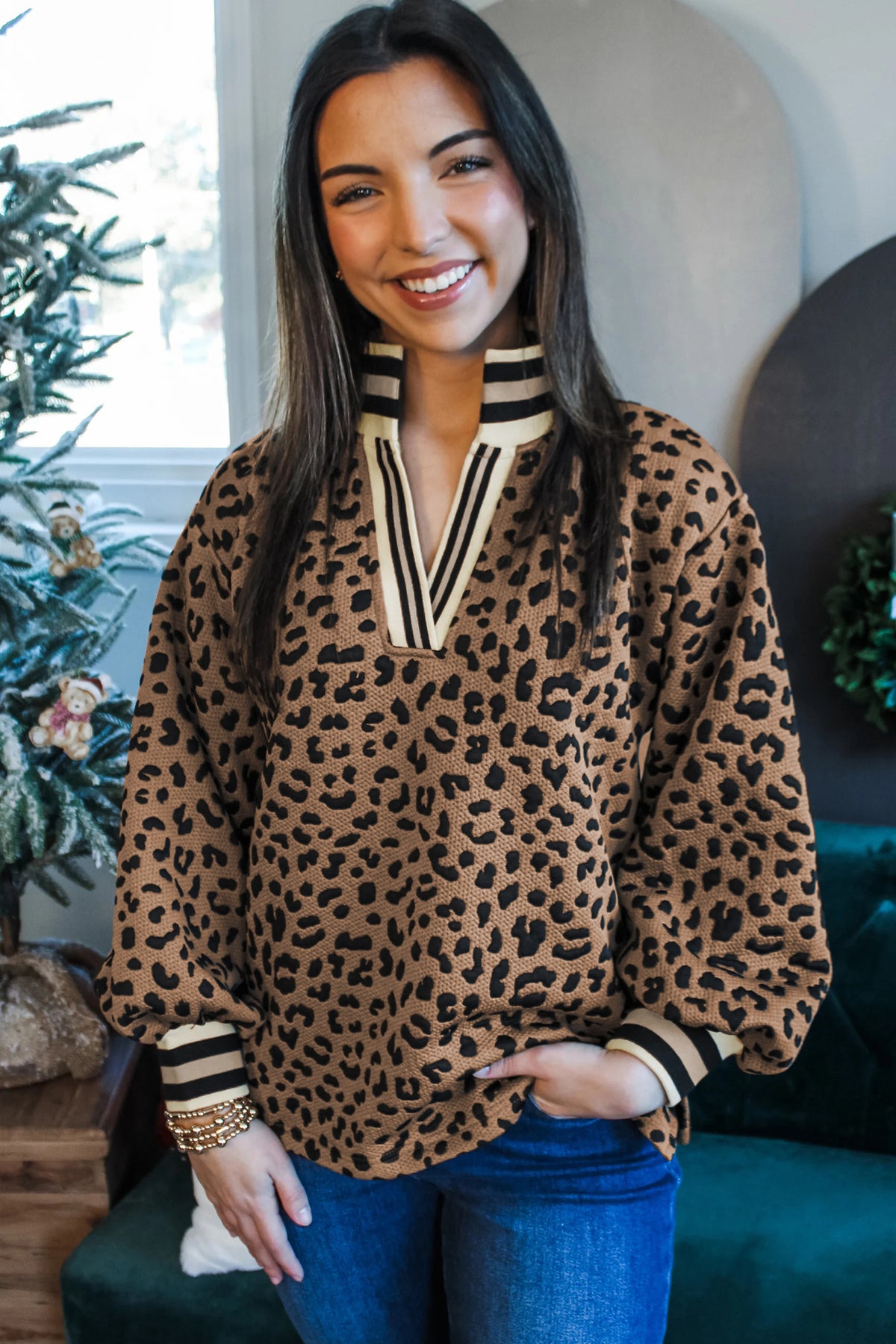 Brown Leopard Print Striped Trim Collar Shift