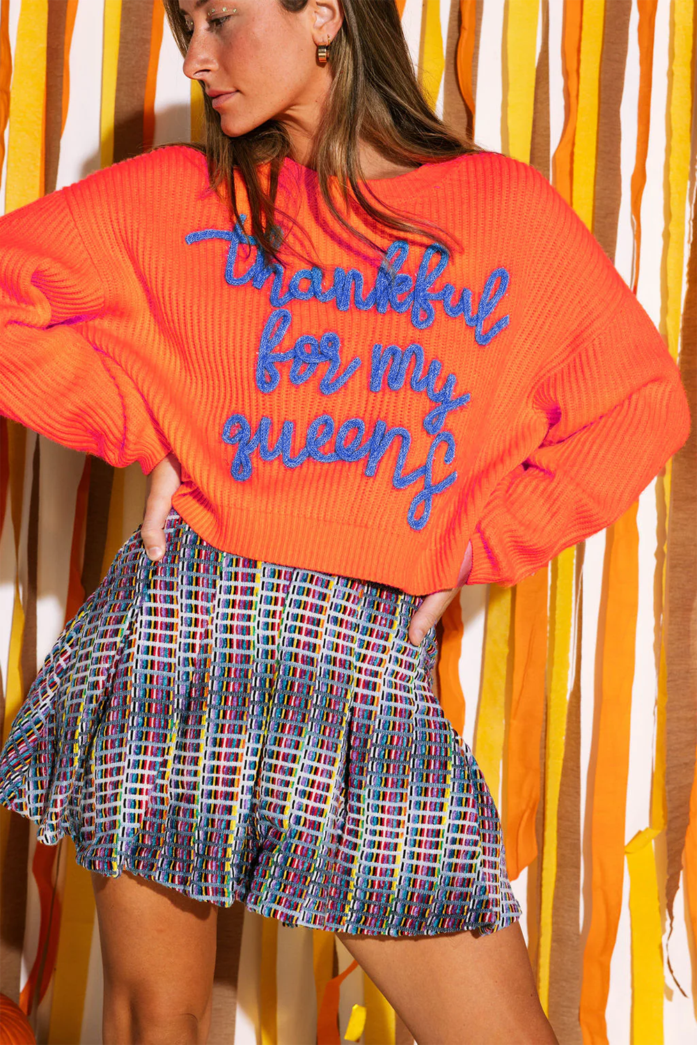 Vitality Orange Thankful for my queens Ribbed Knit Drop Shoulder Graphic Sweater