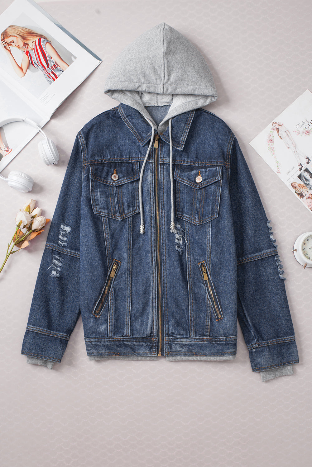 Dark Blue Faux Layered Hooded Zip-Up Denim Jacket