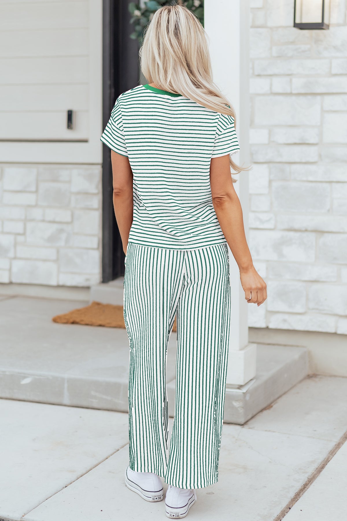 Women's Green Stripe Crewneck Tee Waist Cropped Pants Set