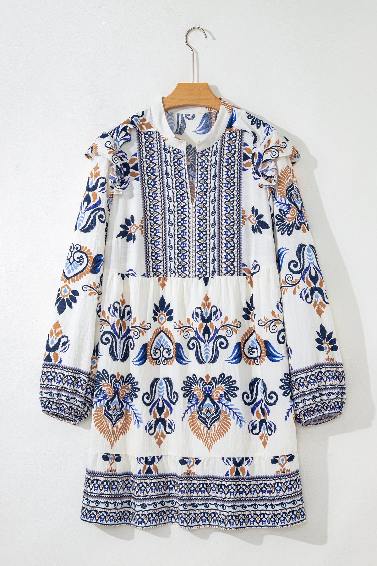 Sky Blue Plus Size Boho Print Split Neck Long-Sleeve Mini Dress