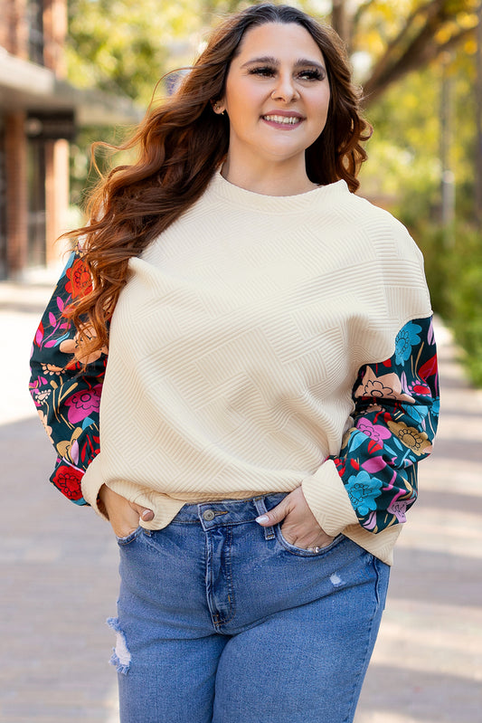 White Floral Sleeve Textured Plus Size Pullover Top