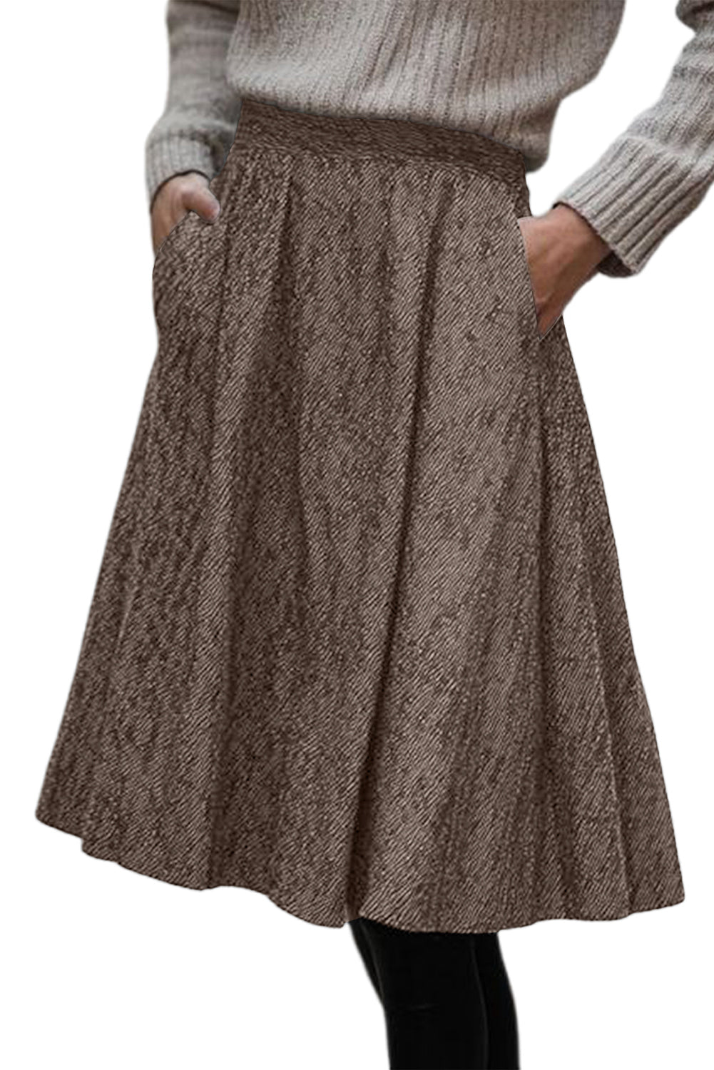Brown Solid Textured Pleated Midi Skirt