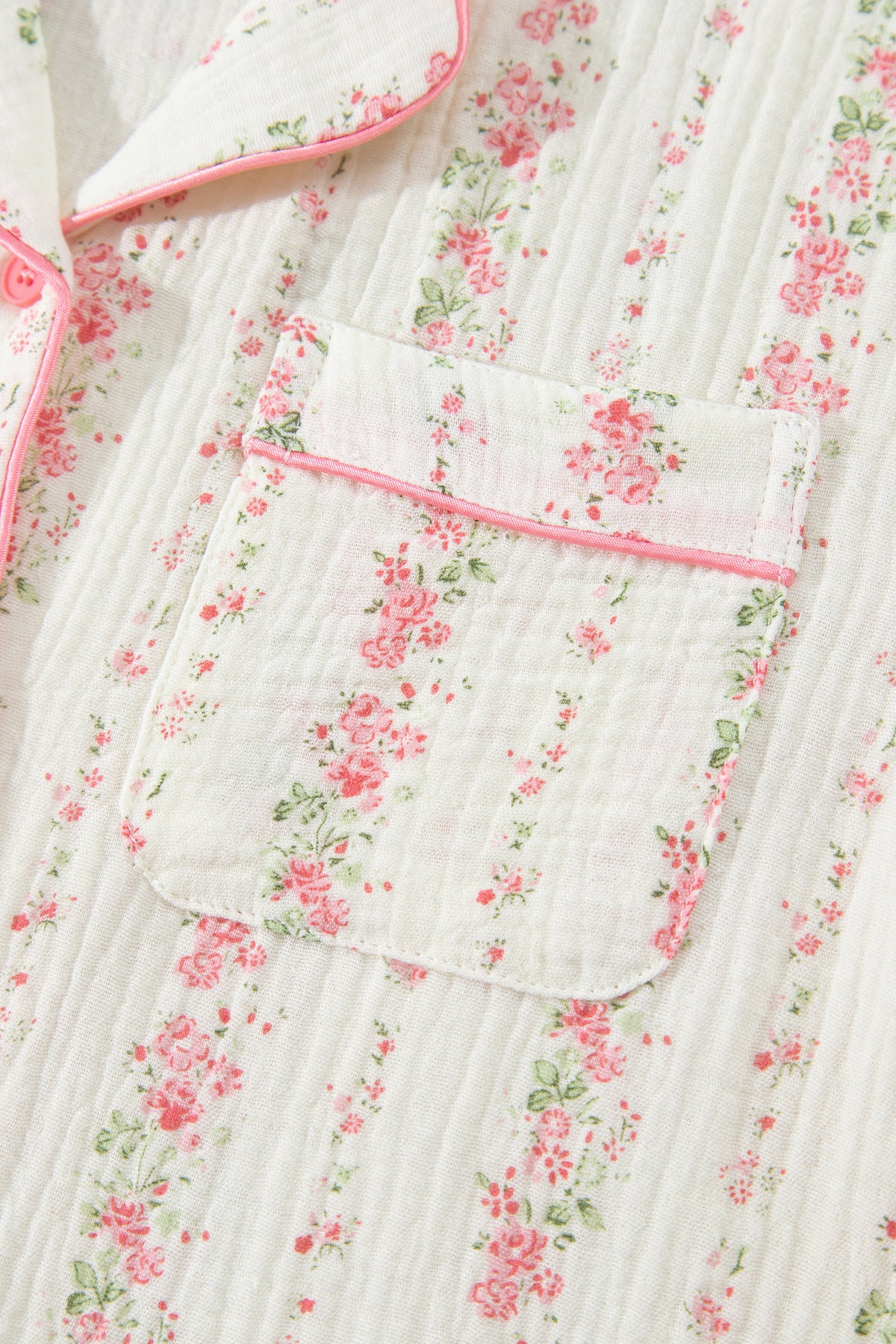 Pink Floral Print Long Sleeve Button Front Shirt Pajama Pants Set